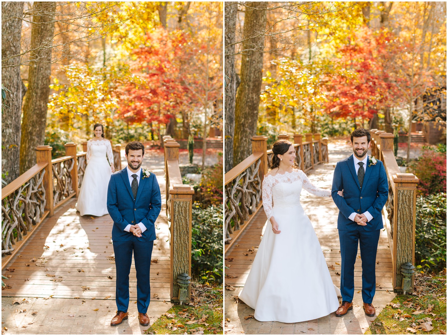 bride walks up to groom for first look in North Carolina