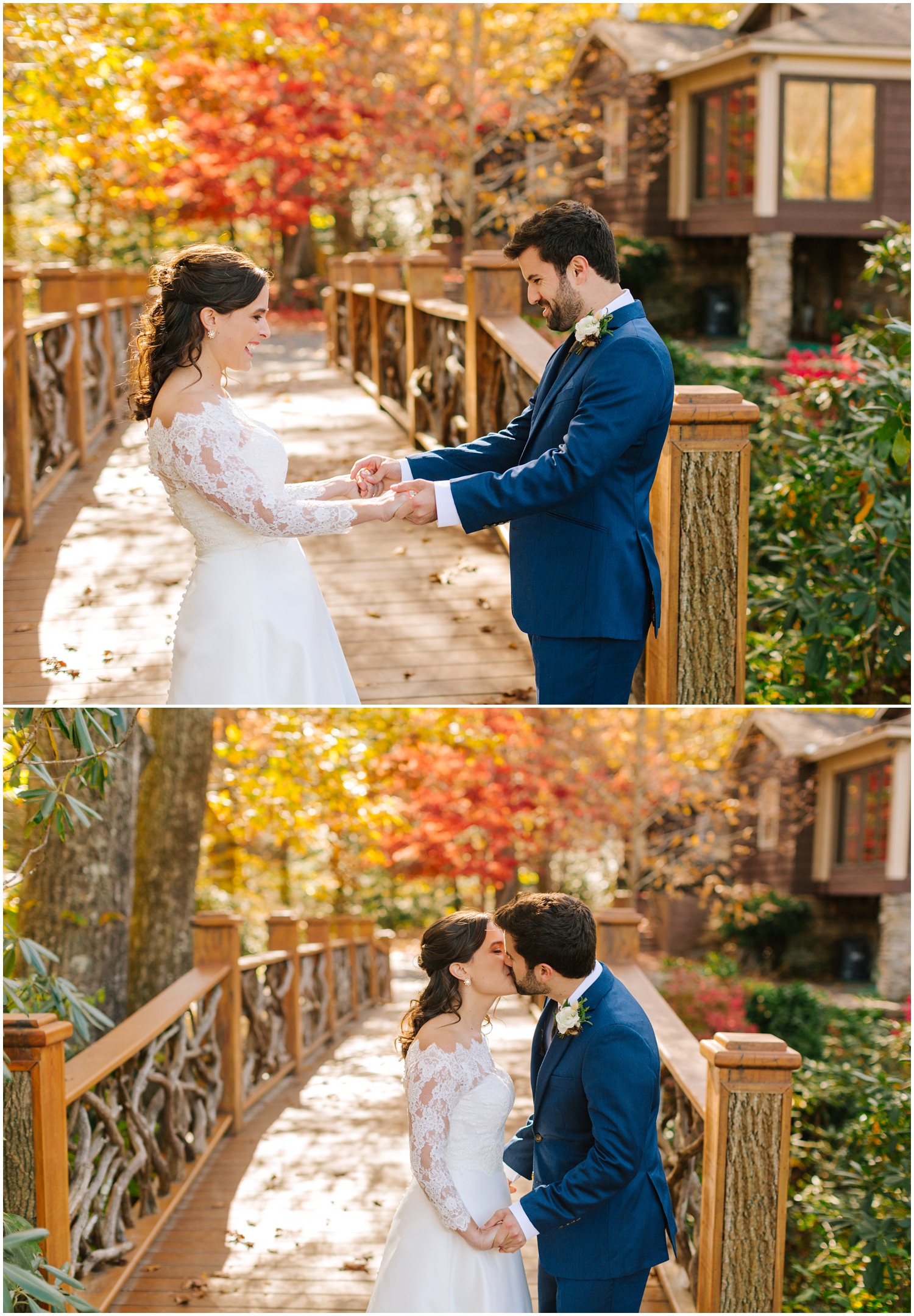 groom sees bride for the first time during first look in Asheville NC