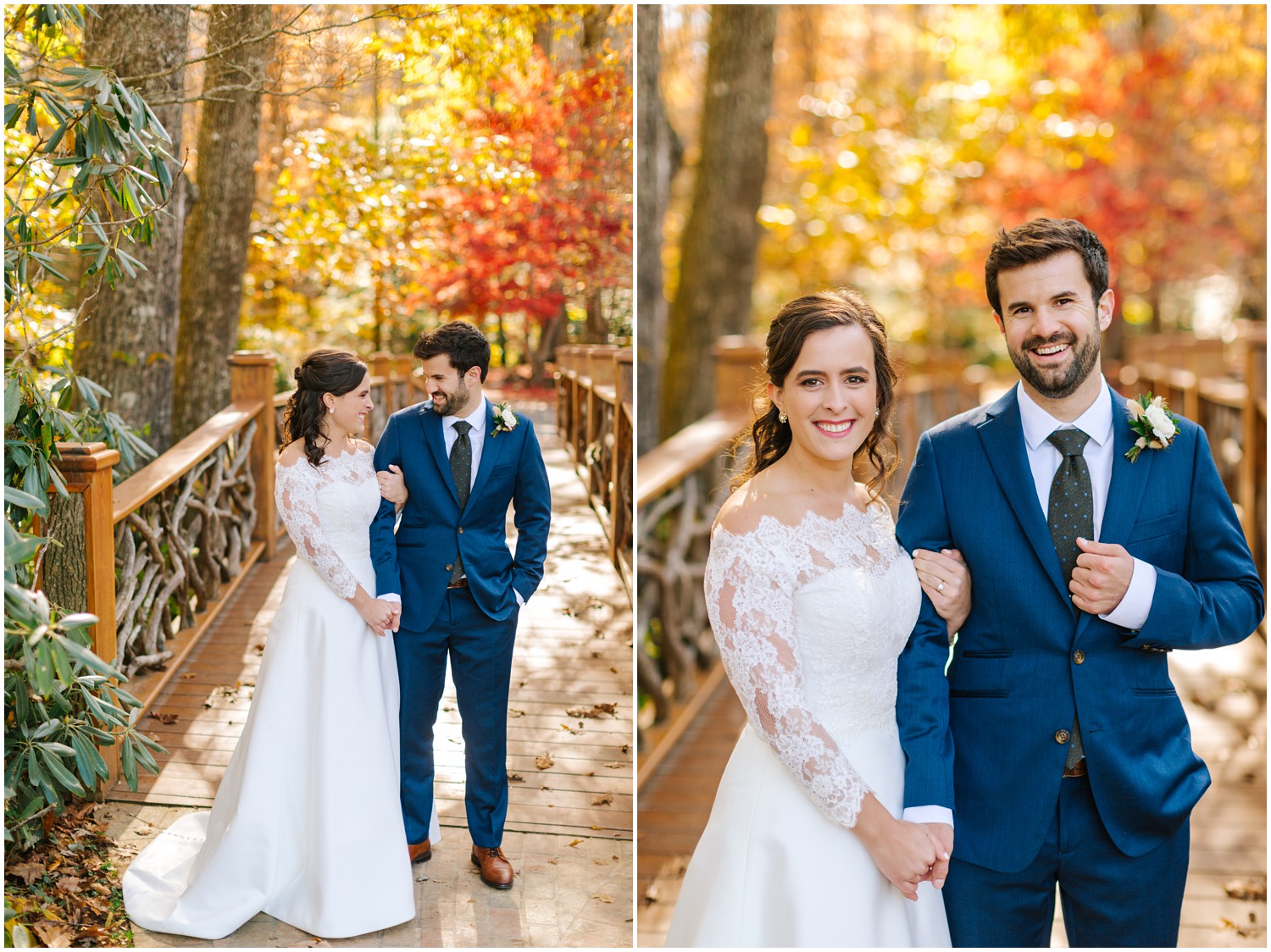 bride holds groom's hand and looks at him during NC wedding portraits 