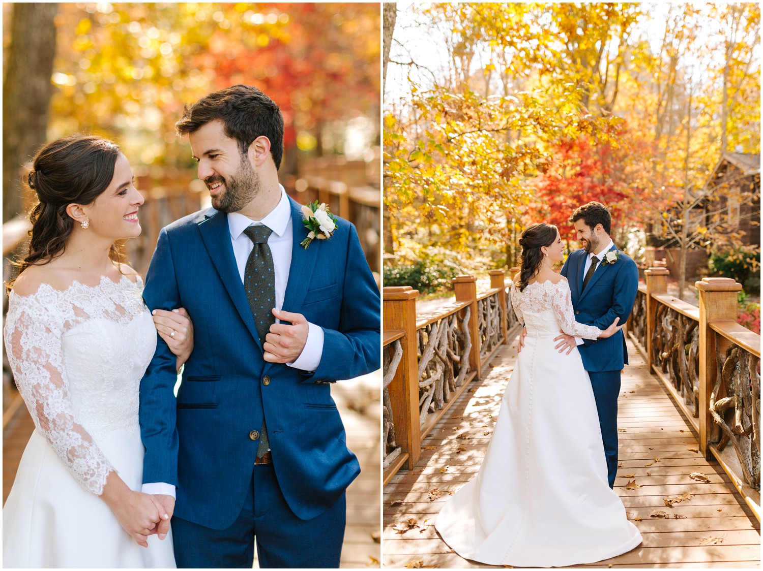 bride and groom hold hands smiling at each other during North Carolina wedding portraits