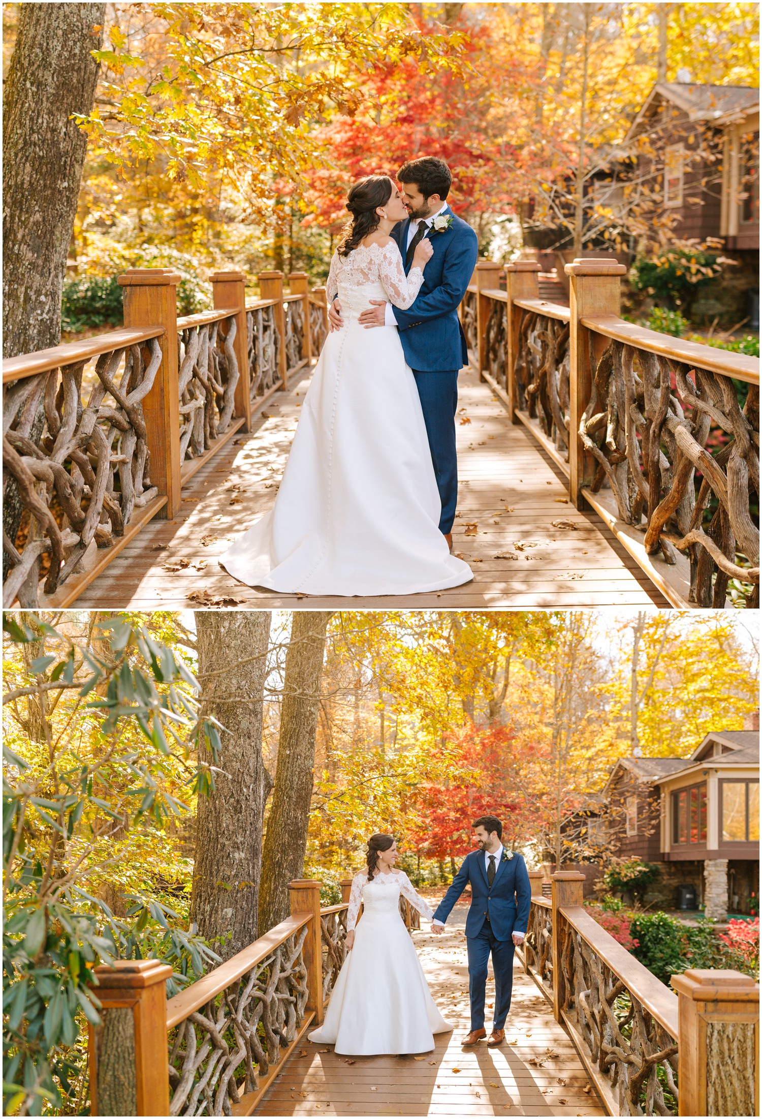 fall wedding portraits along wooden bridge at Lake Eden Events