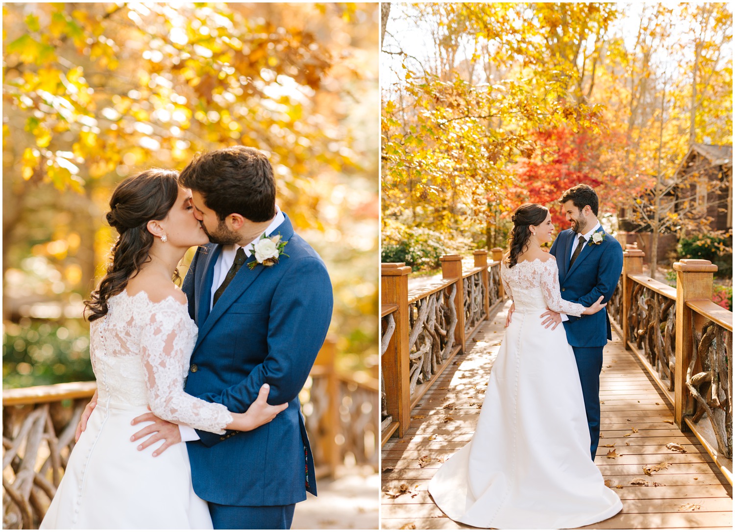 fall wedding day first look with bride wearing wedding gown with lace sleeves