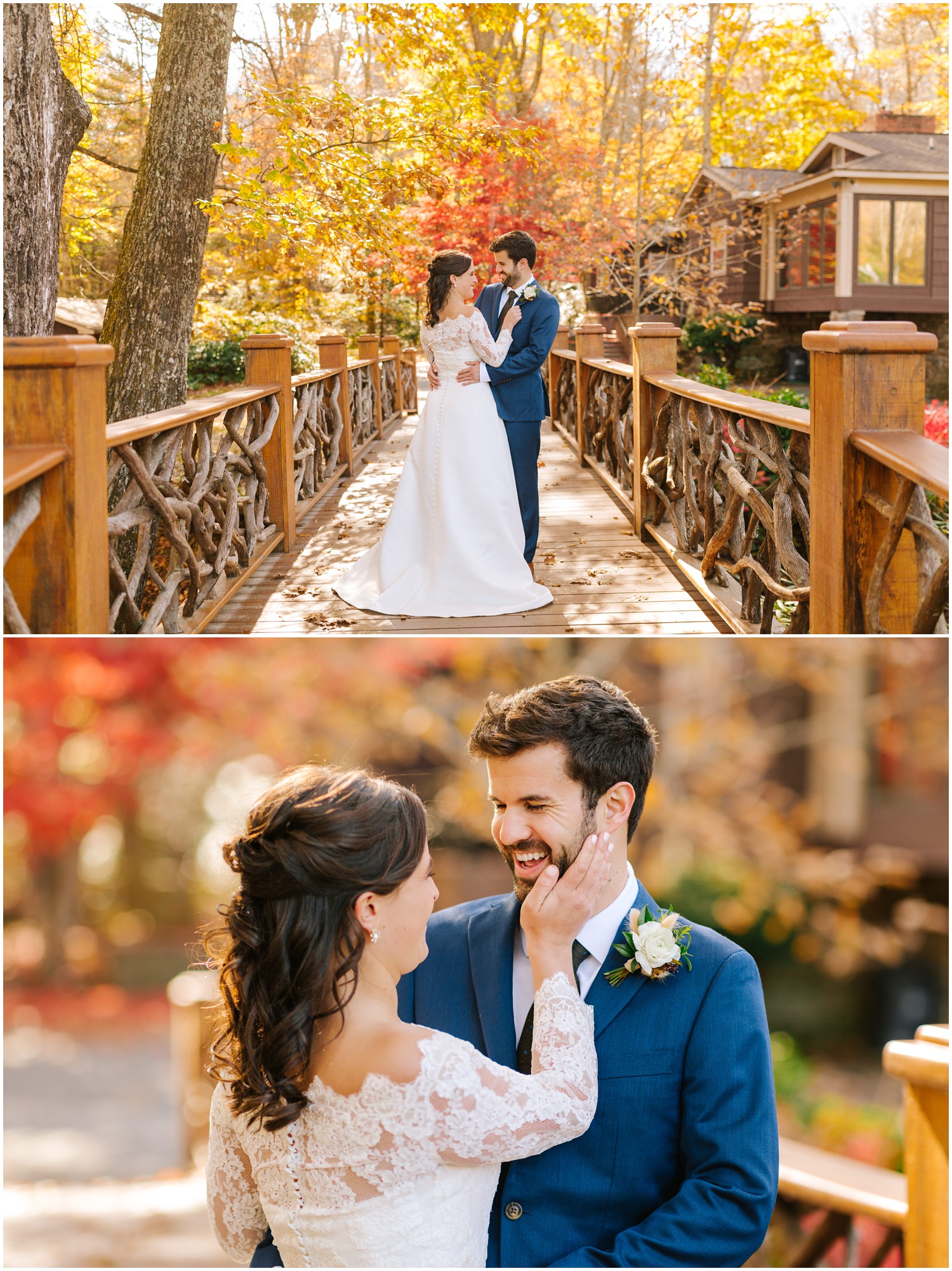 Black Mountain NC first look along wooden bridge at Lake Eden Events