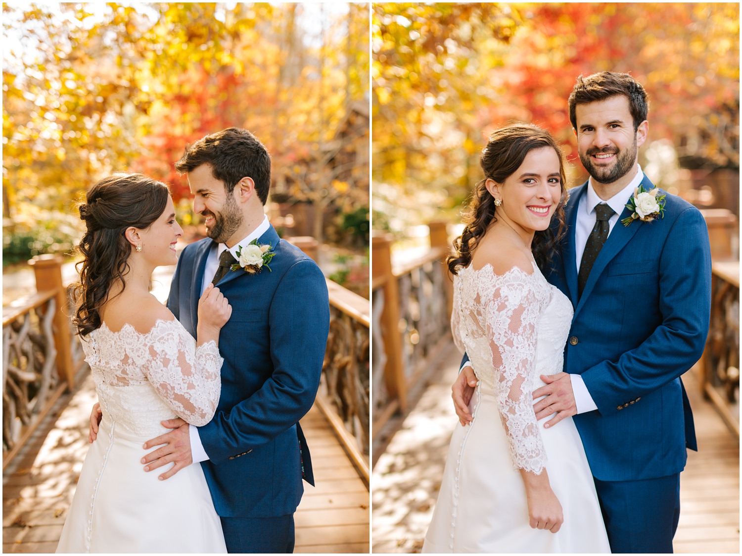 fall wedding portraits on wooden bridge at Lake Eden Events