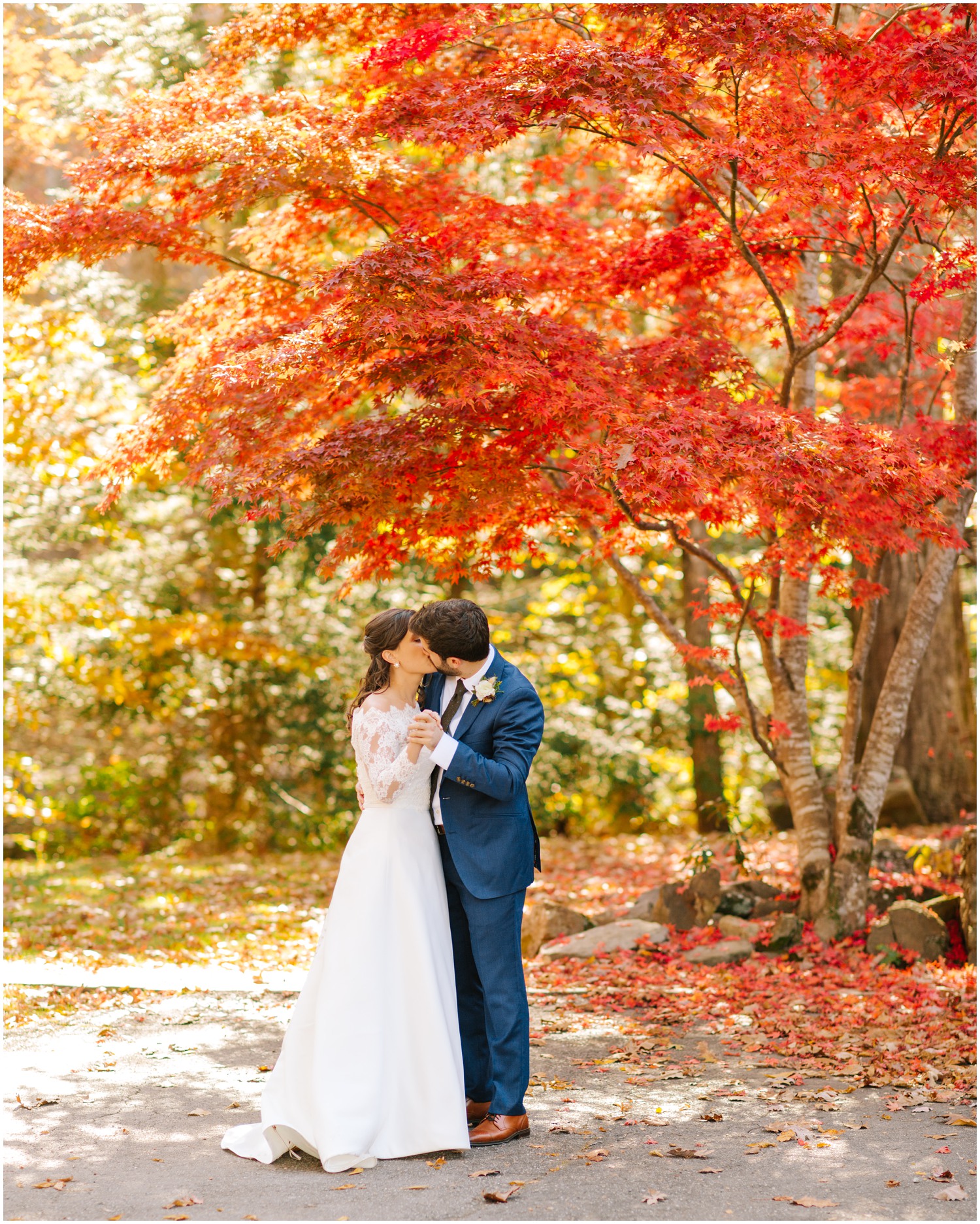 groom kisses bride in North Carolina wedding portraits under red tree