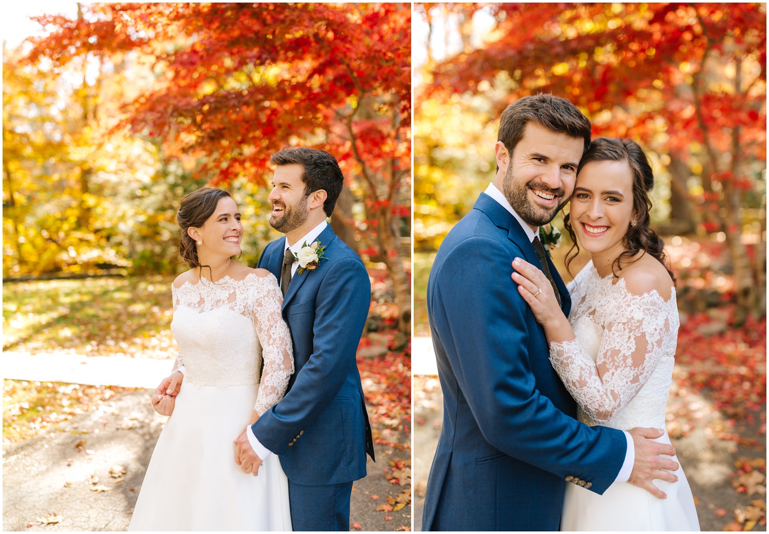 fall wedding portraits by red trees in Asheville NC