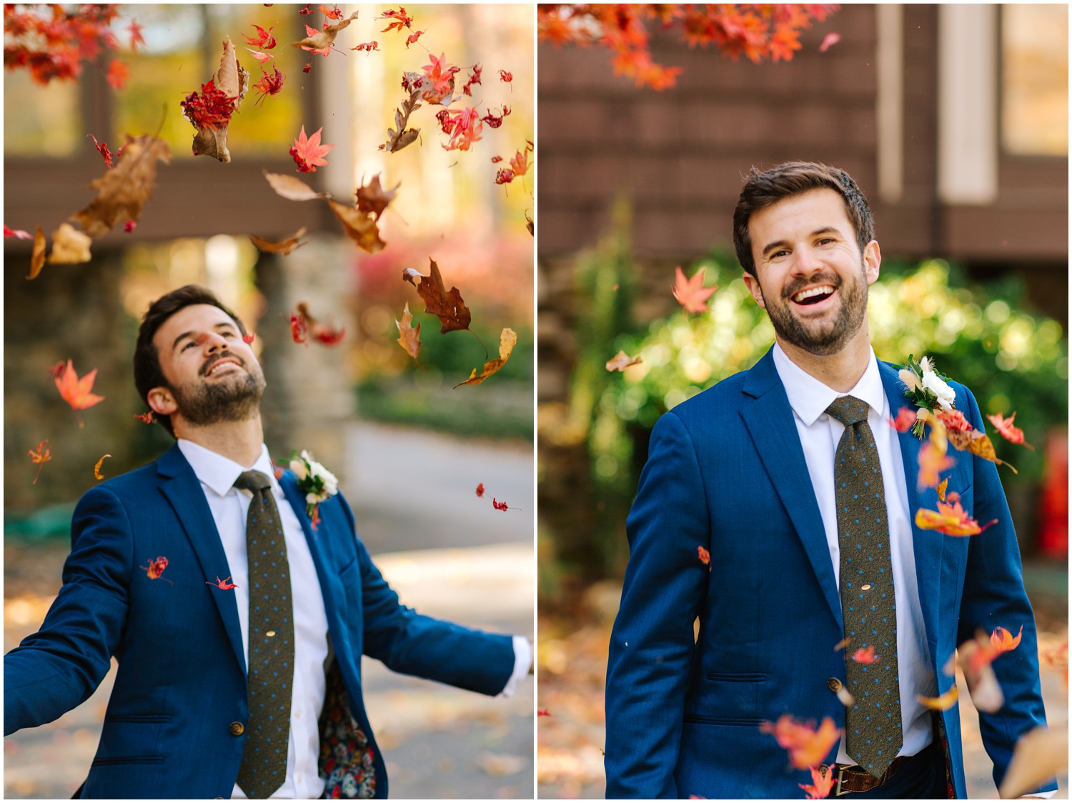 groom throws fall leaves during wedding portraits at Lake Eden Events