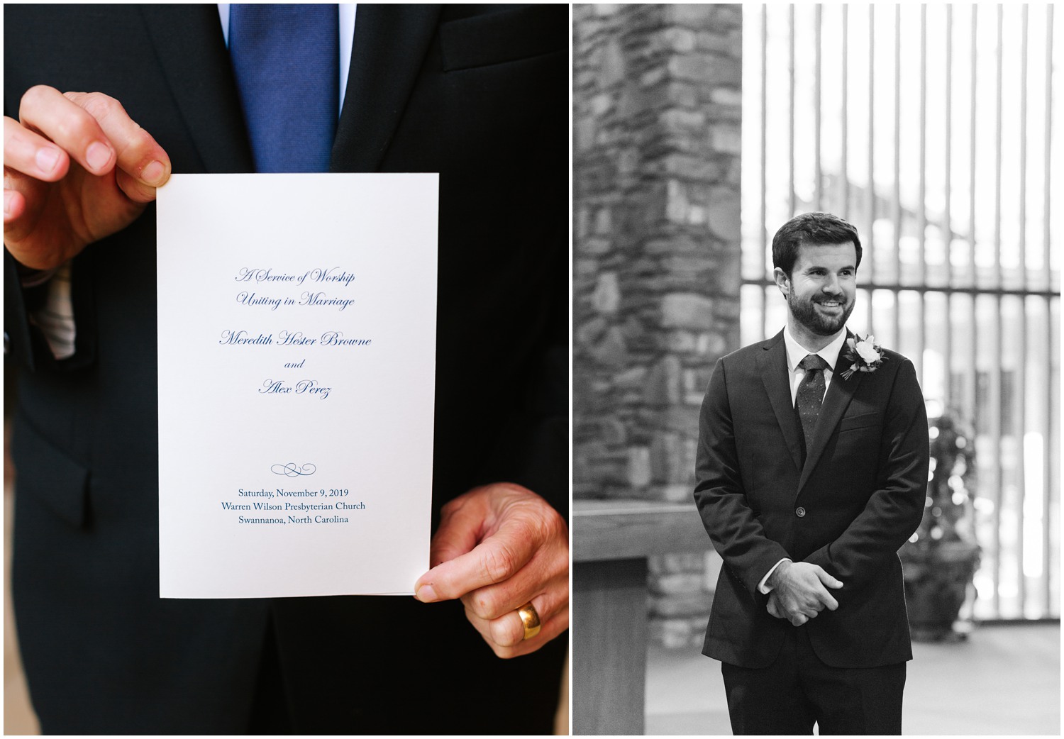 groom watches bride enter traditional church wedding in North Carolina