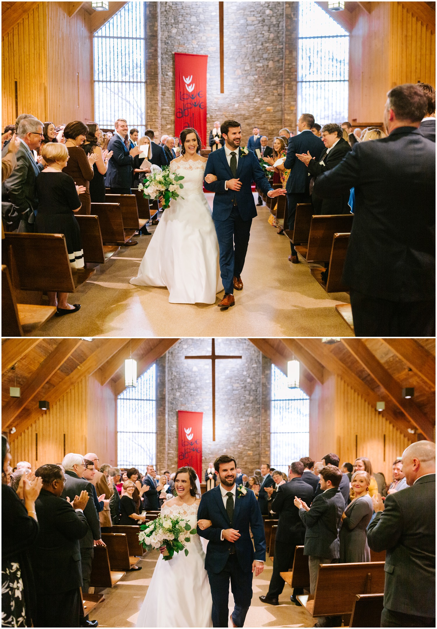 bride and groom leave traditional church wedding in Asheville