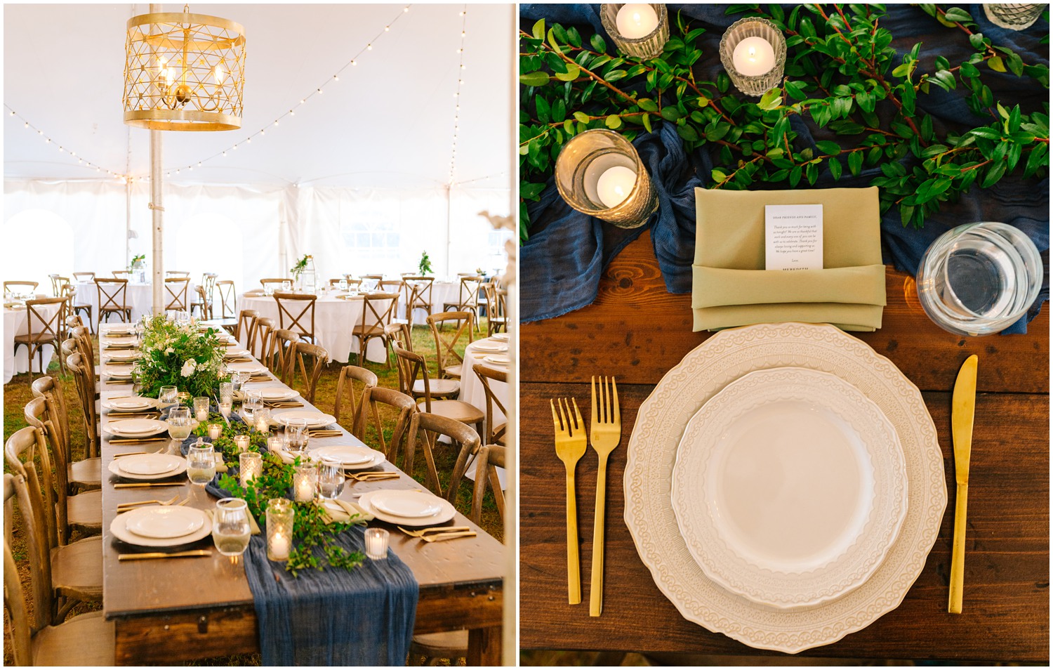 table settings with gold silverware and navy table runner