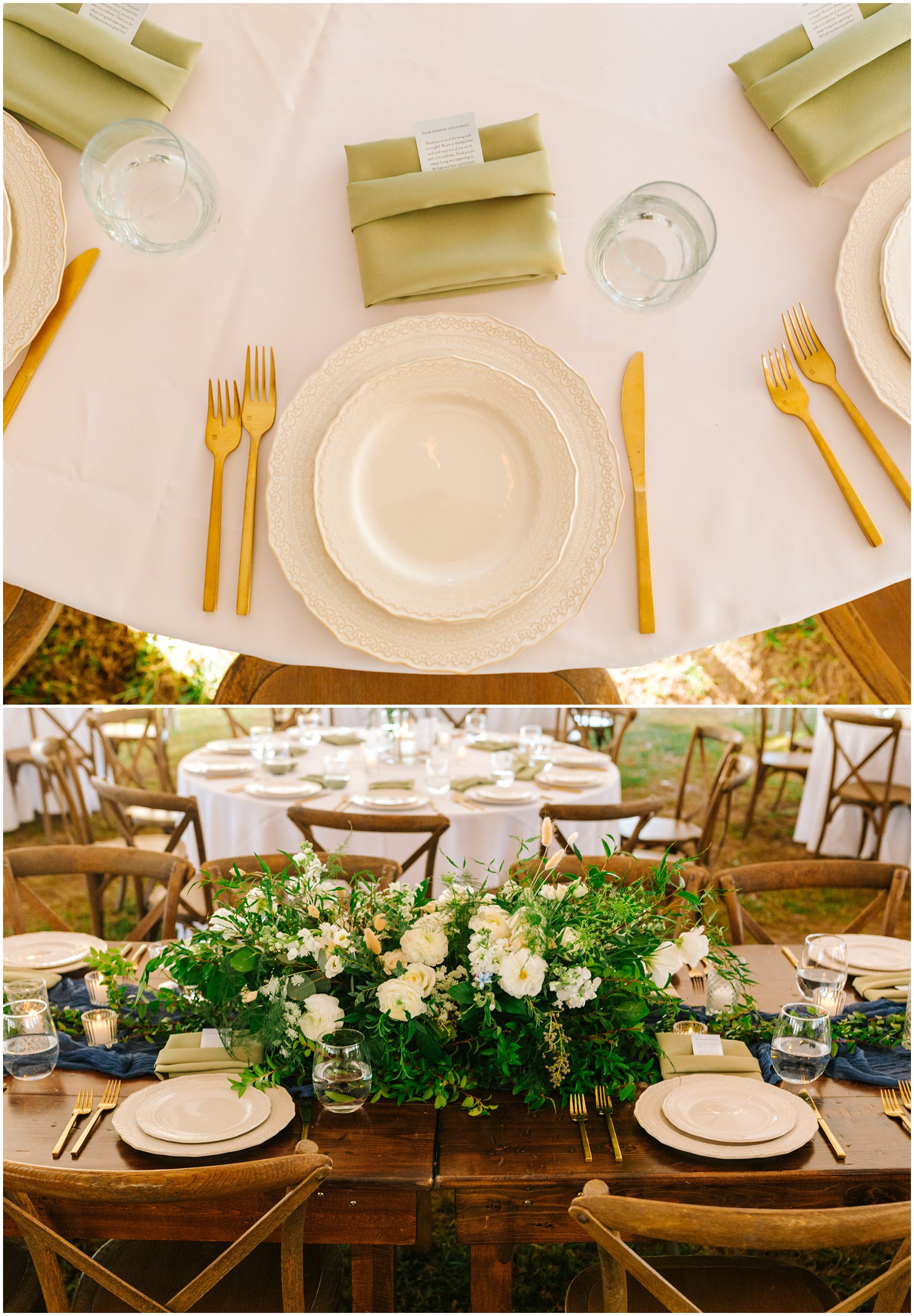 ivory, navy, and gold wedding place seatings for tented reception in Asheville NC