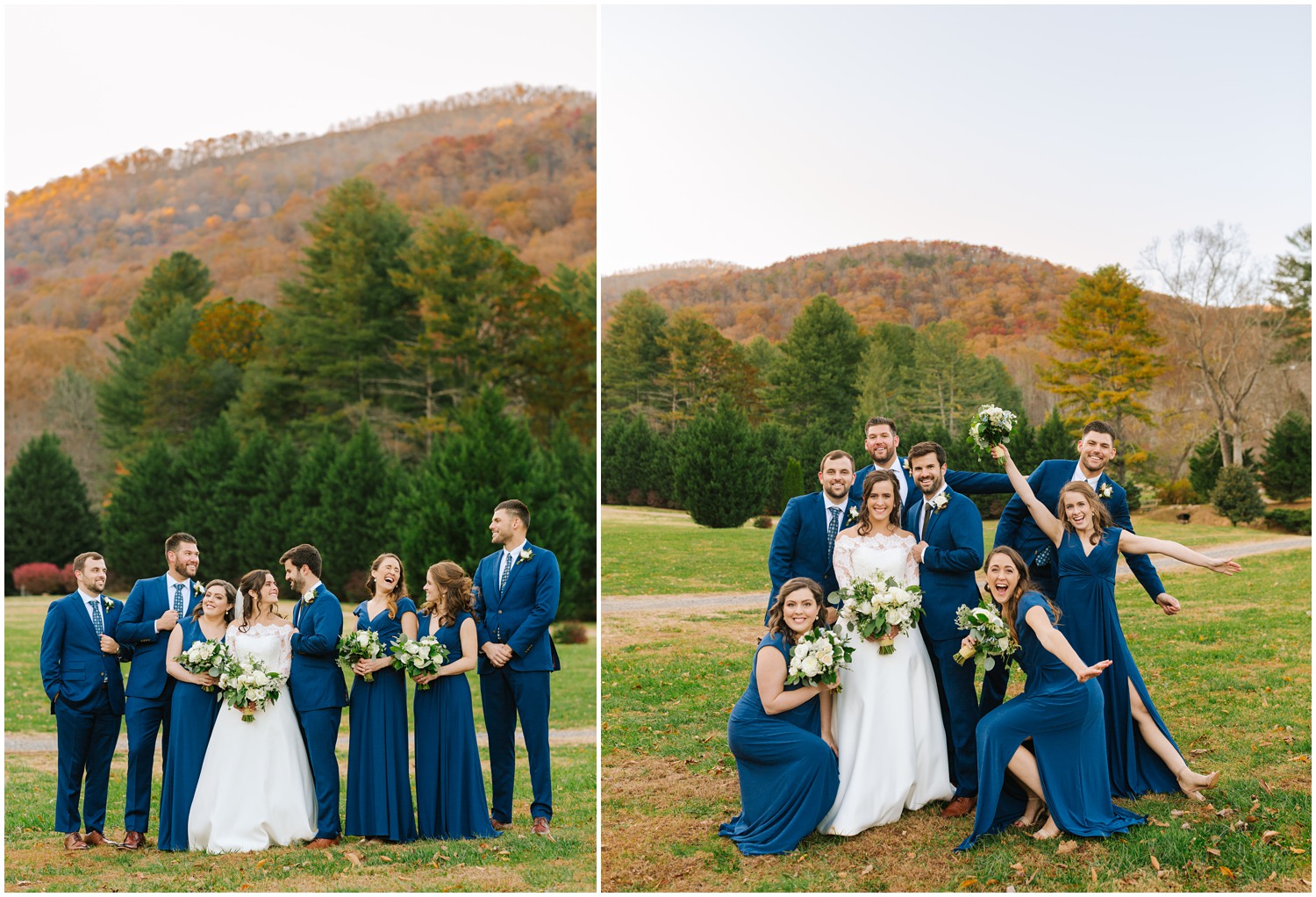 North Carolina bridal party portraits in front of mountains in Asheville