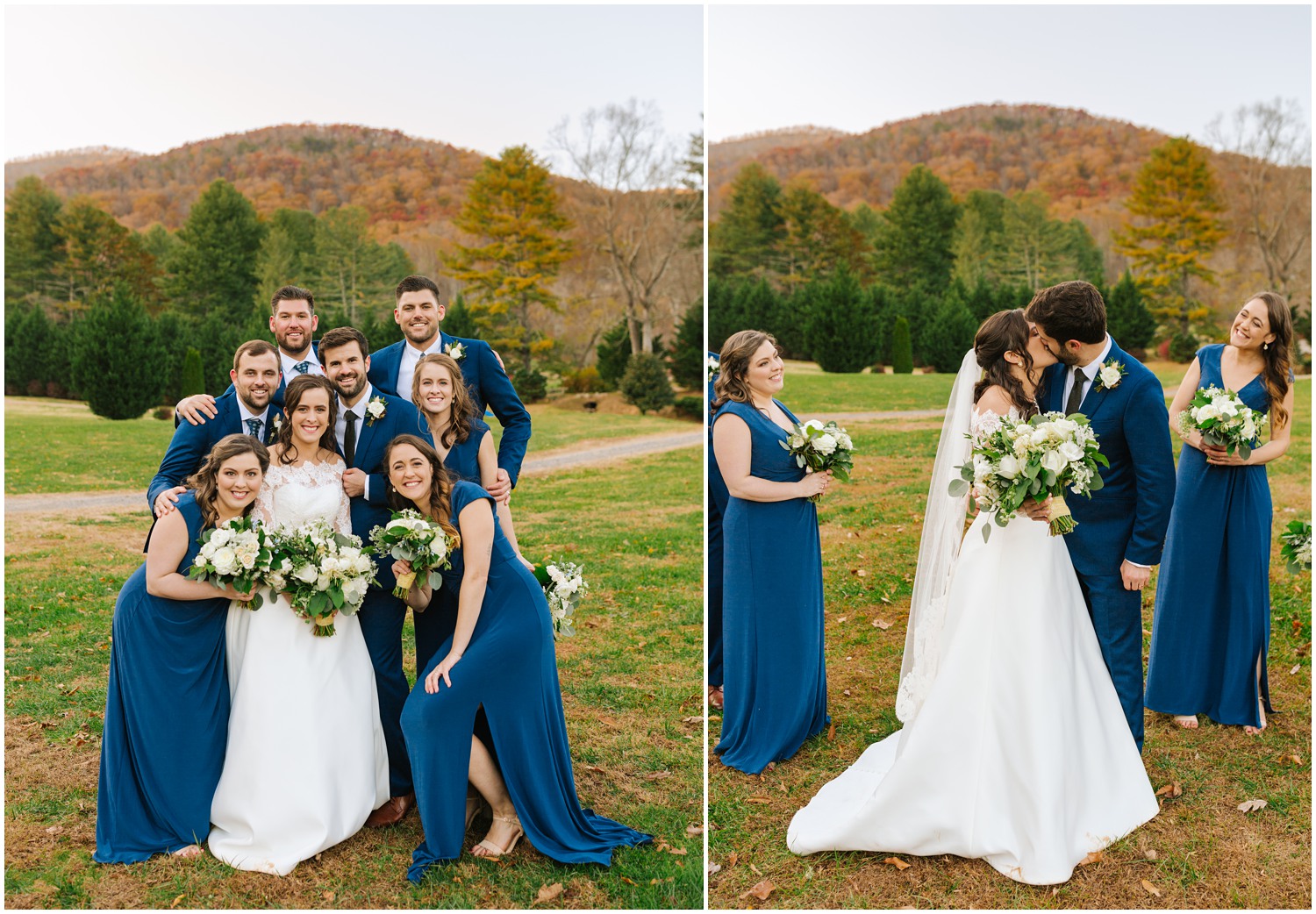 bridal party in blue and white poses with bride and groom in front of NC mountains
