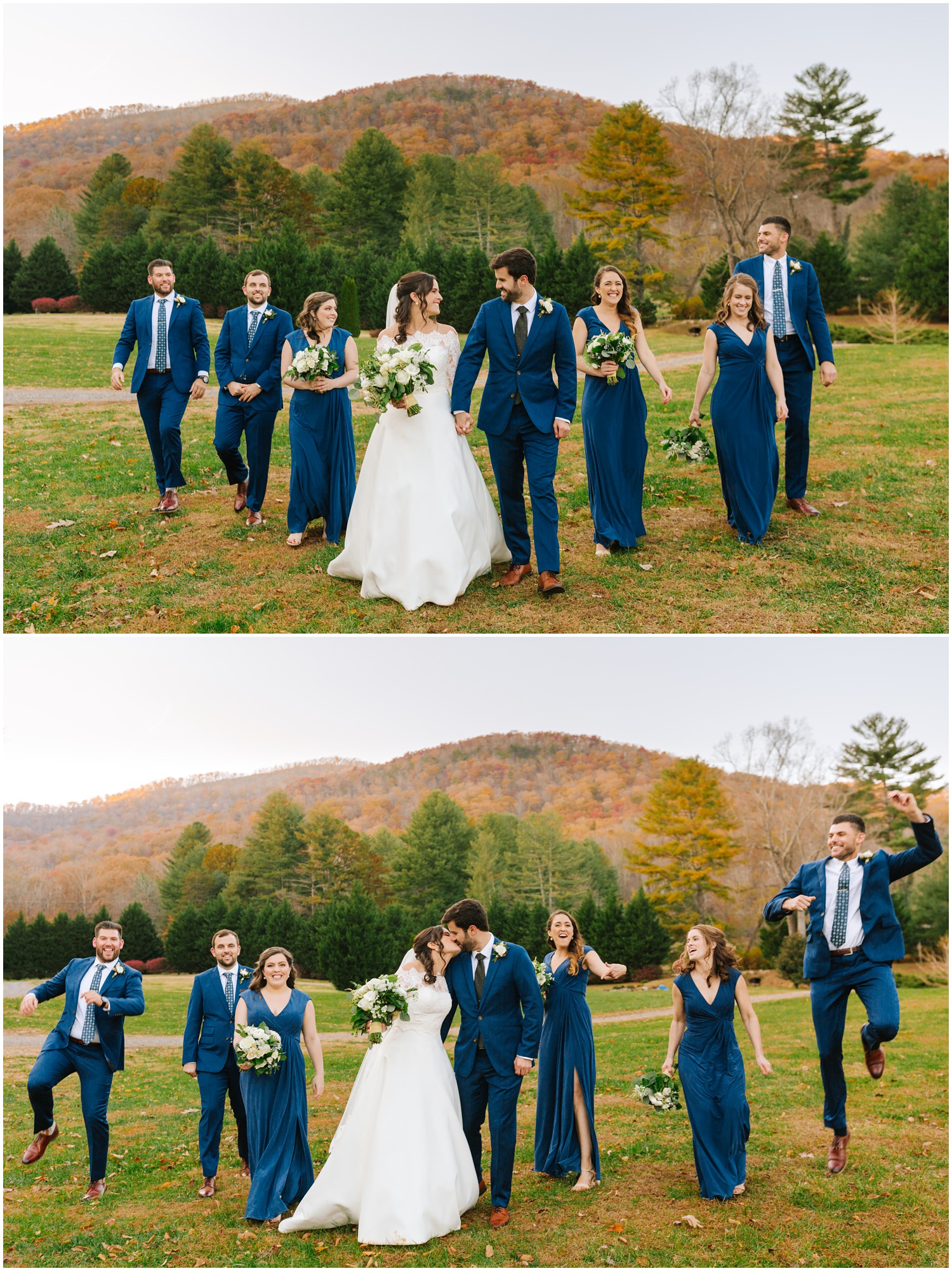 bridal party in blue walk and jump around bride and groom kissing