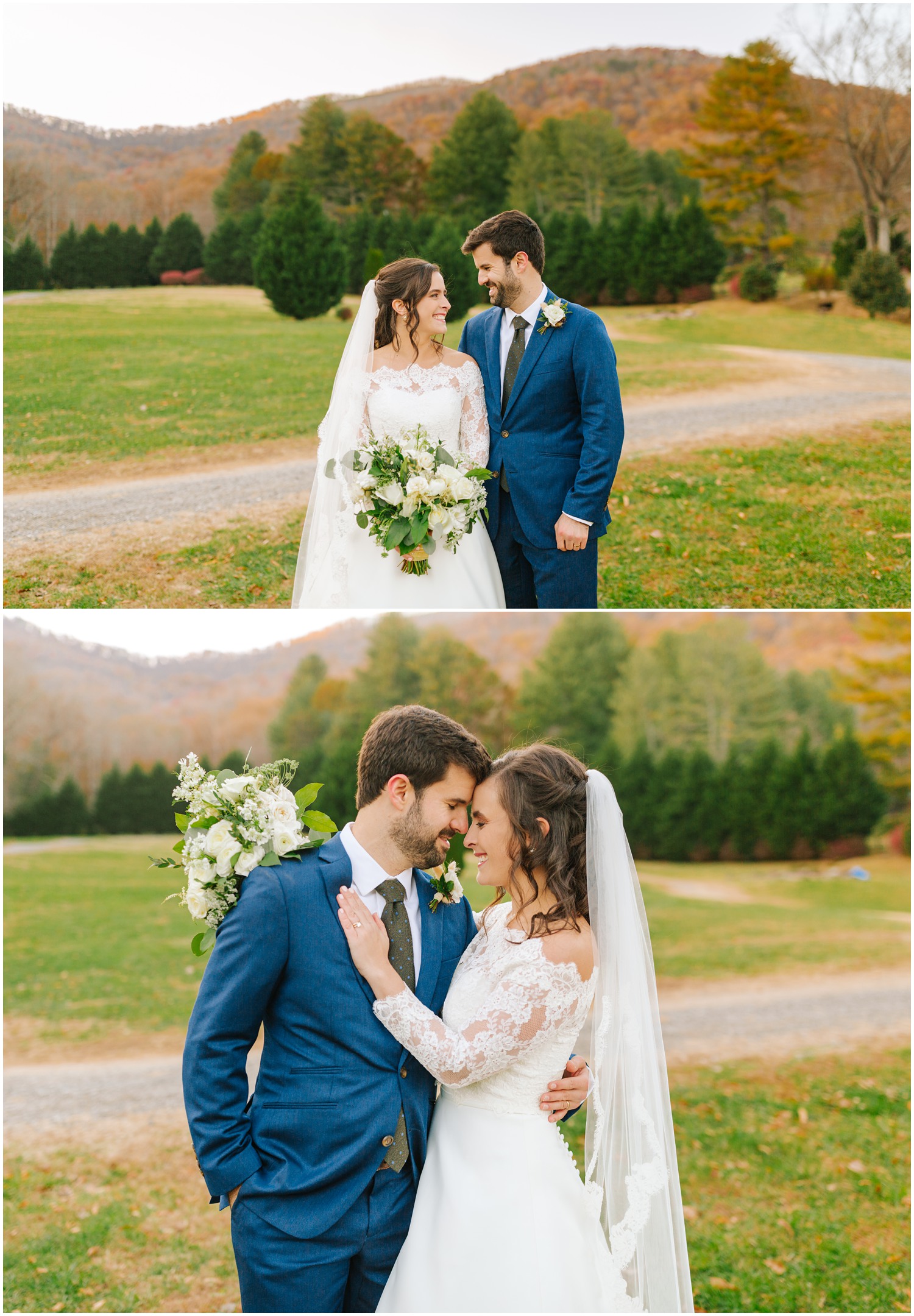 newlyweds look at each other during wedding portraits in Black Mountain NC