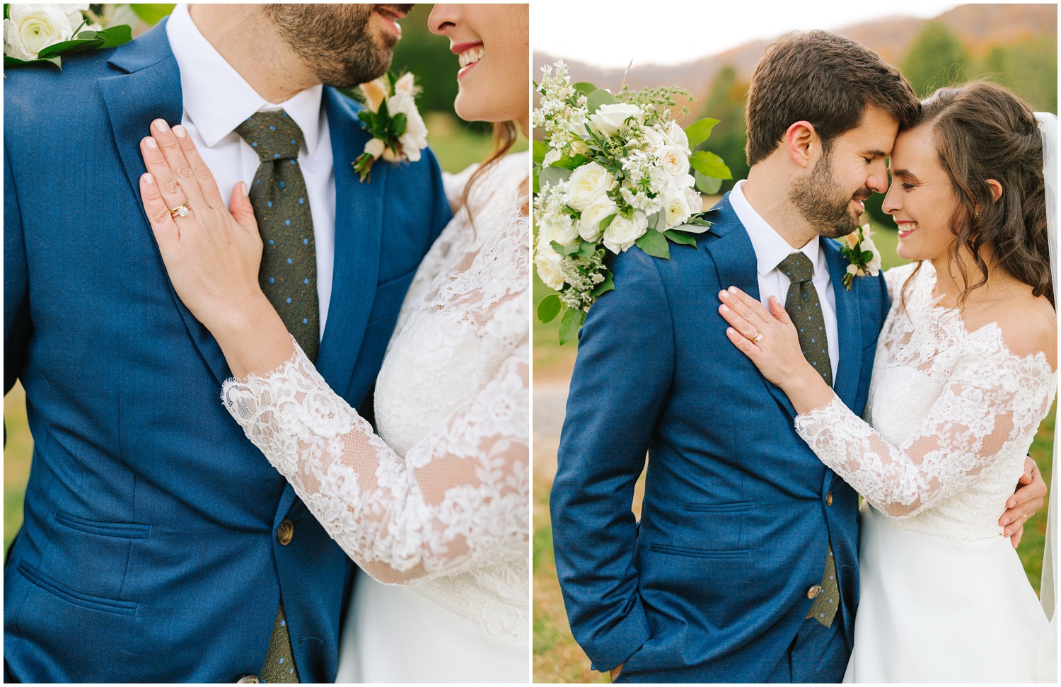 bride shows off wedding band on groom's navy suit