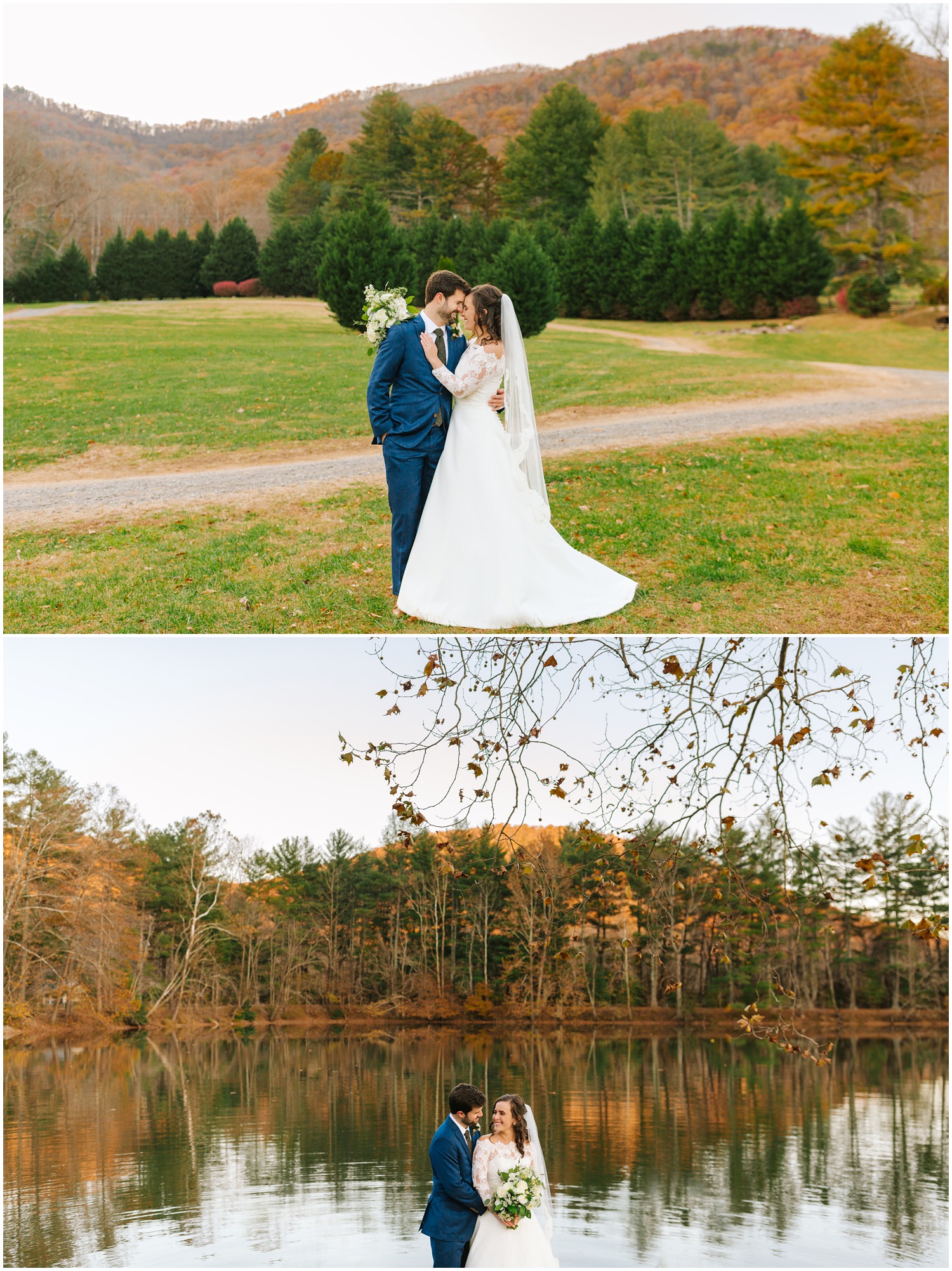 fall wedding portraits of bride with lace sleeves on gown and groom in navy suit looking at each other