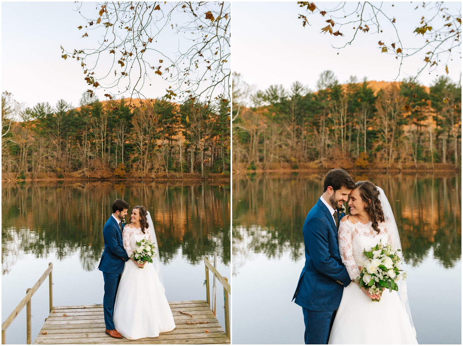fall wedding portraits with newlyweds on dock at Lake Eden