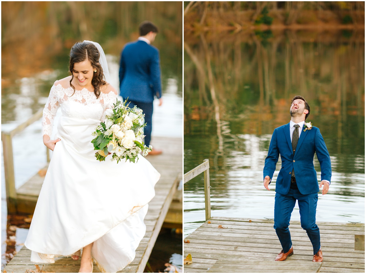 bride and groom laugh on dock next to Lake Eden