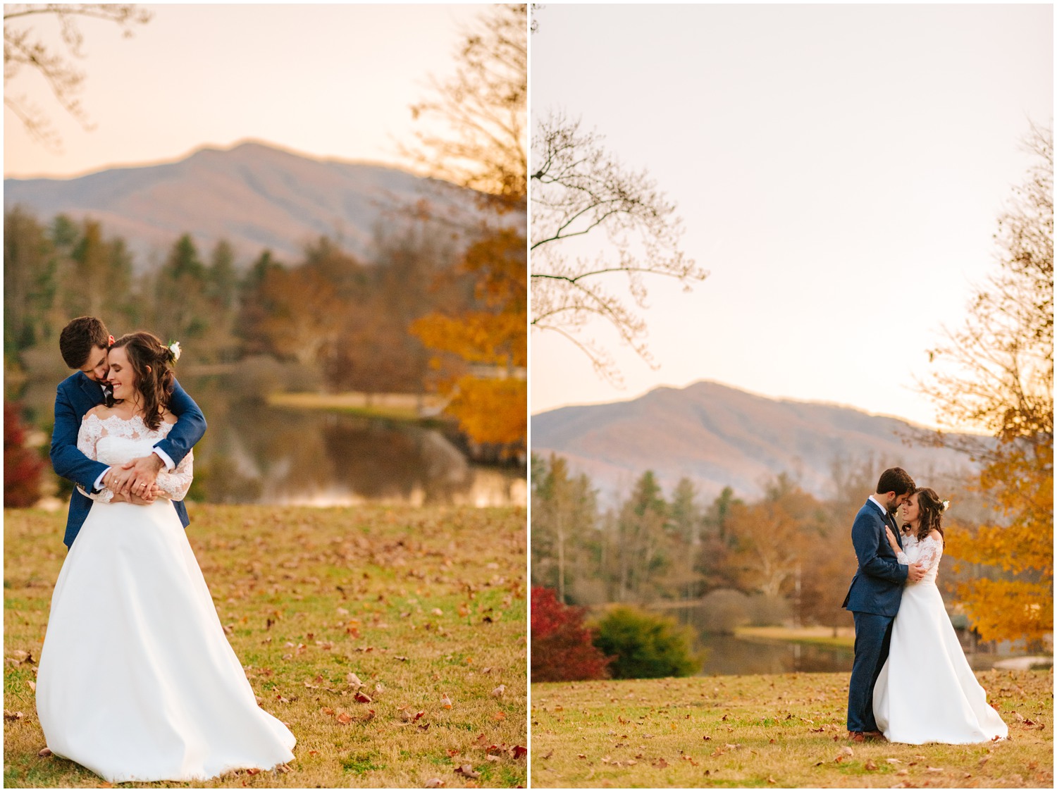 groom hugs bride from behind during fall wedding photos by Lake Eden