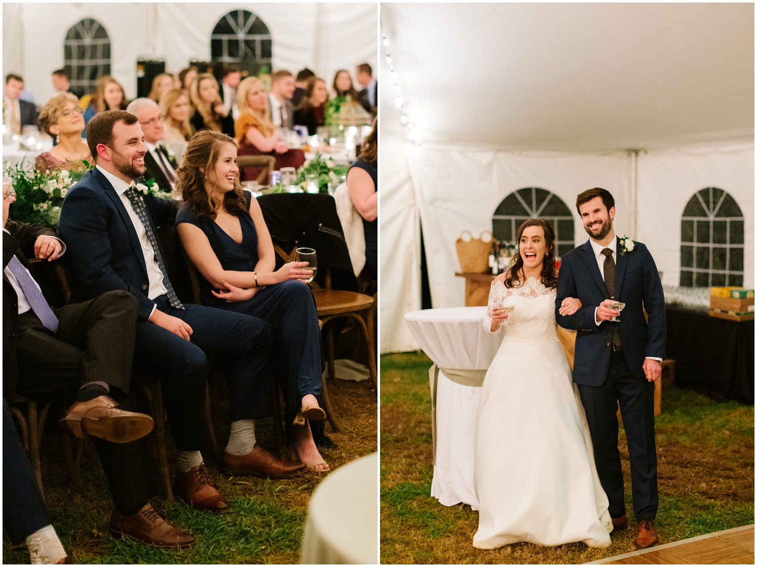 newlyweds thank guests for attending wedding during reception under tent