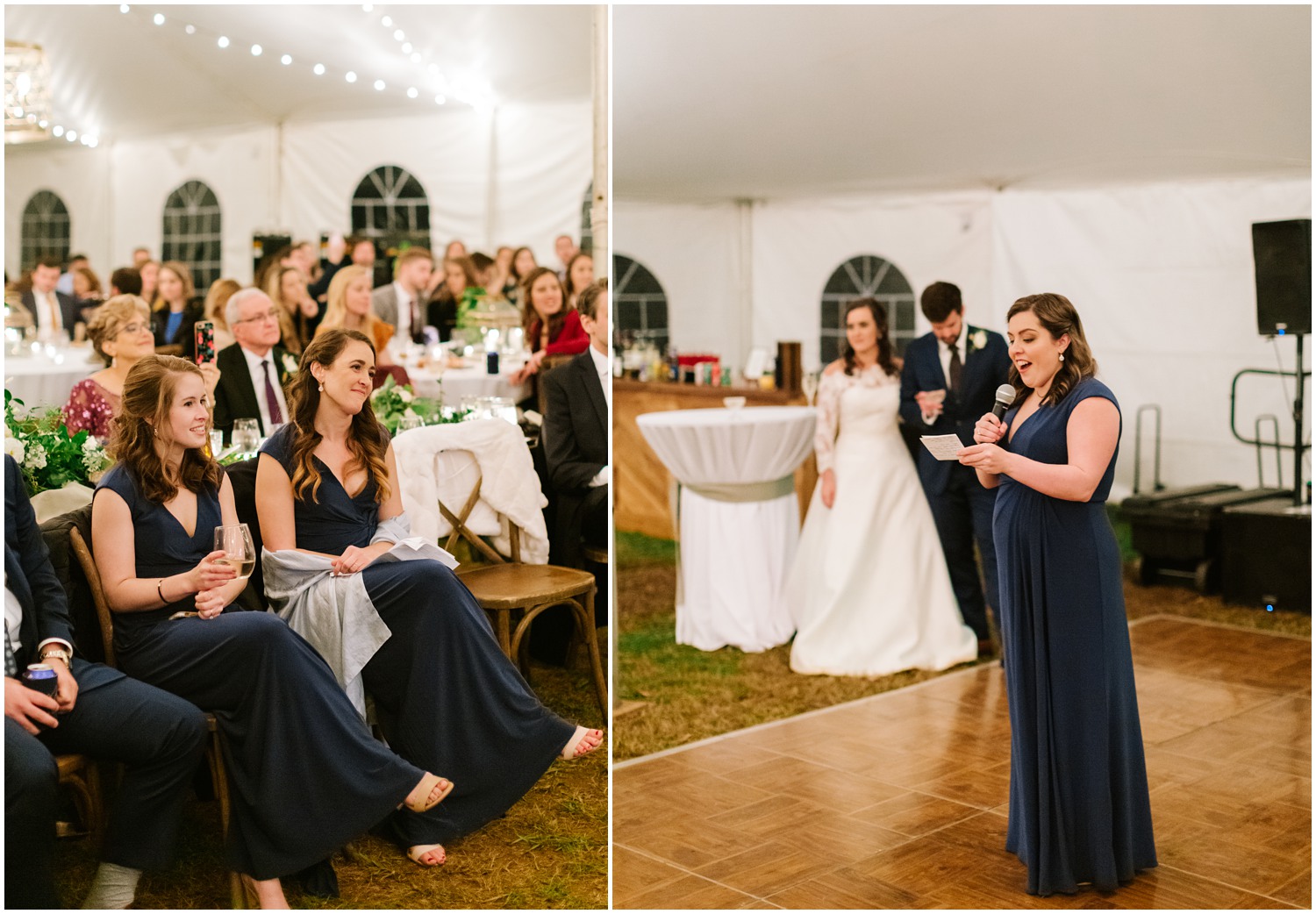 bridesmaid reads toast to bride and groom in Asheville