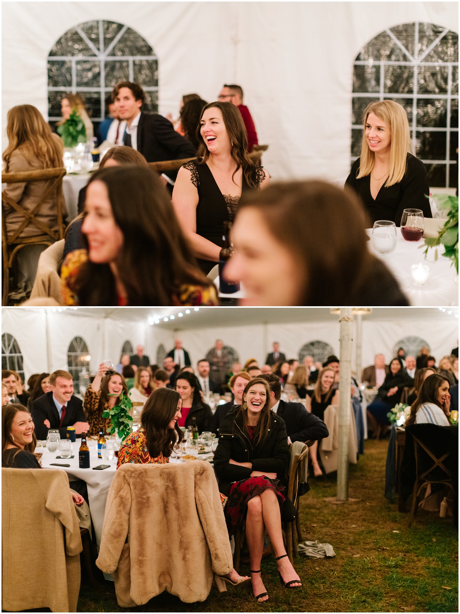 wedding guests laugh during toasts at AVL reception