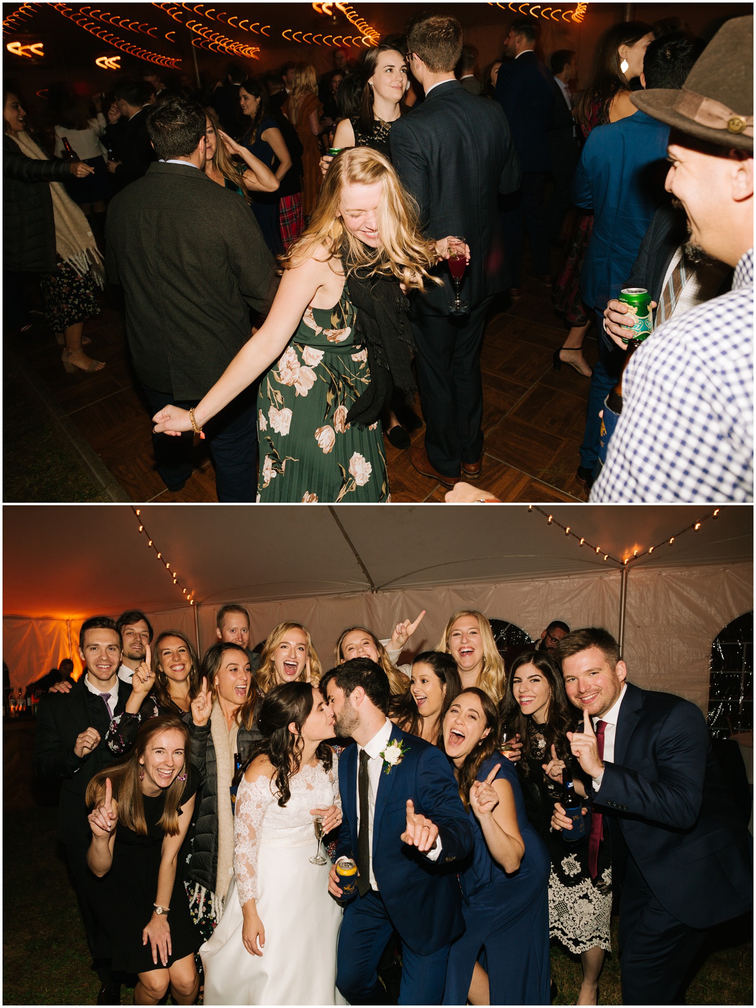 guests dance and pose with bride and groom during Asheville NC wedding reception