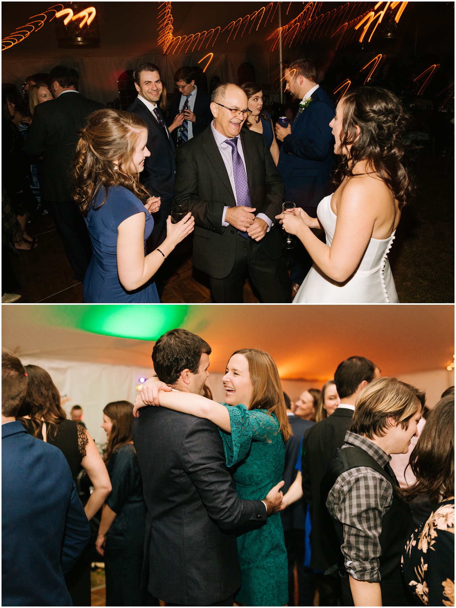 family laughs and dances during Asheville NC wedding reception