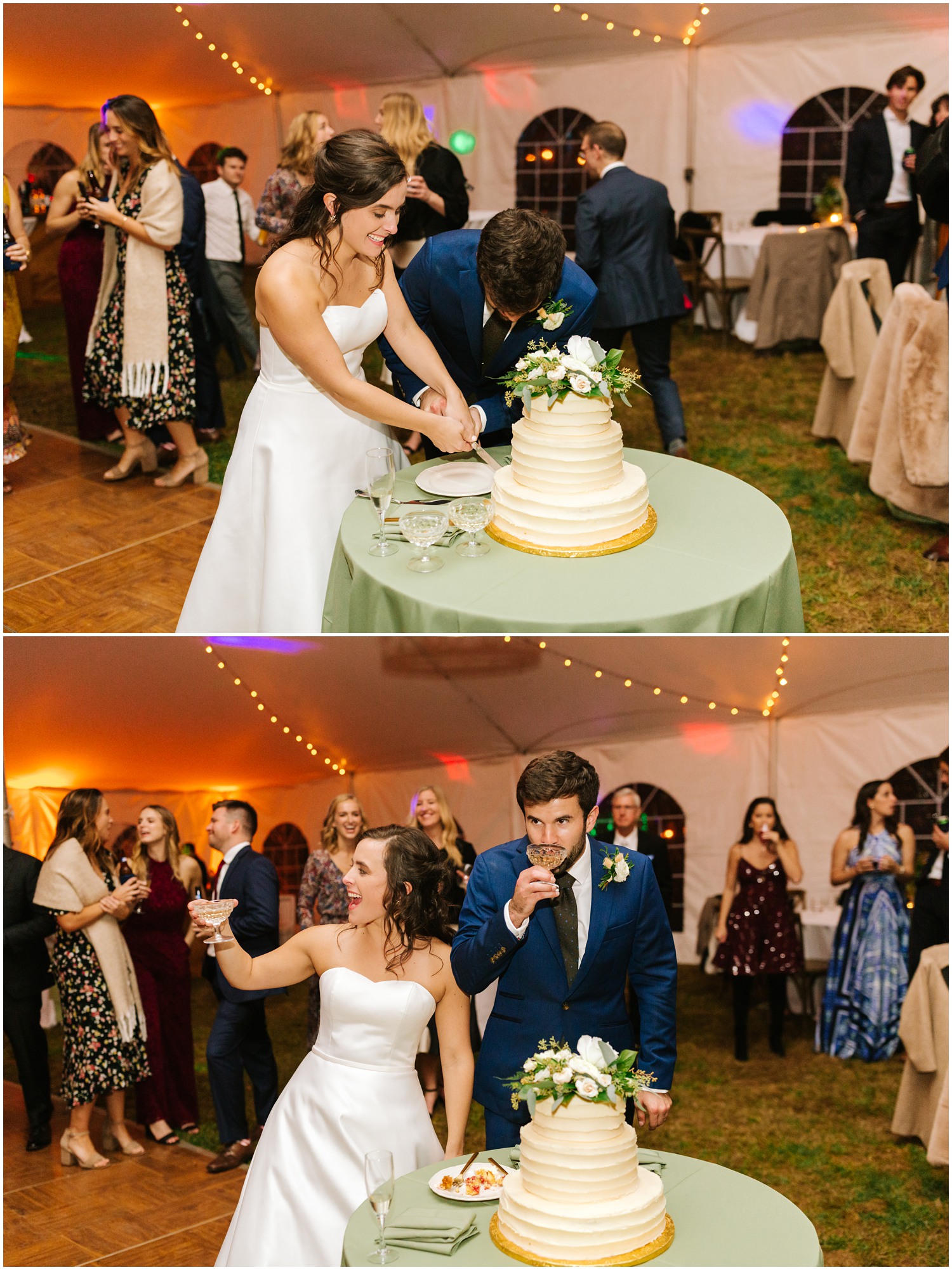 bride and groom cut cake from Whole Foods at AVL wedding reception