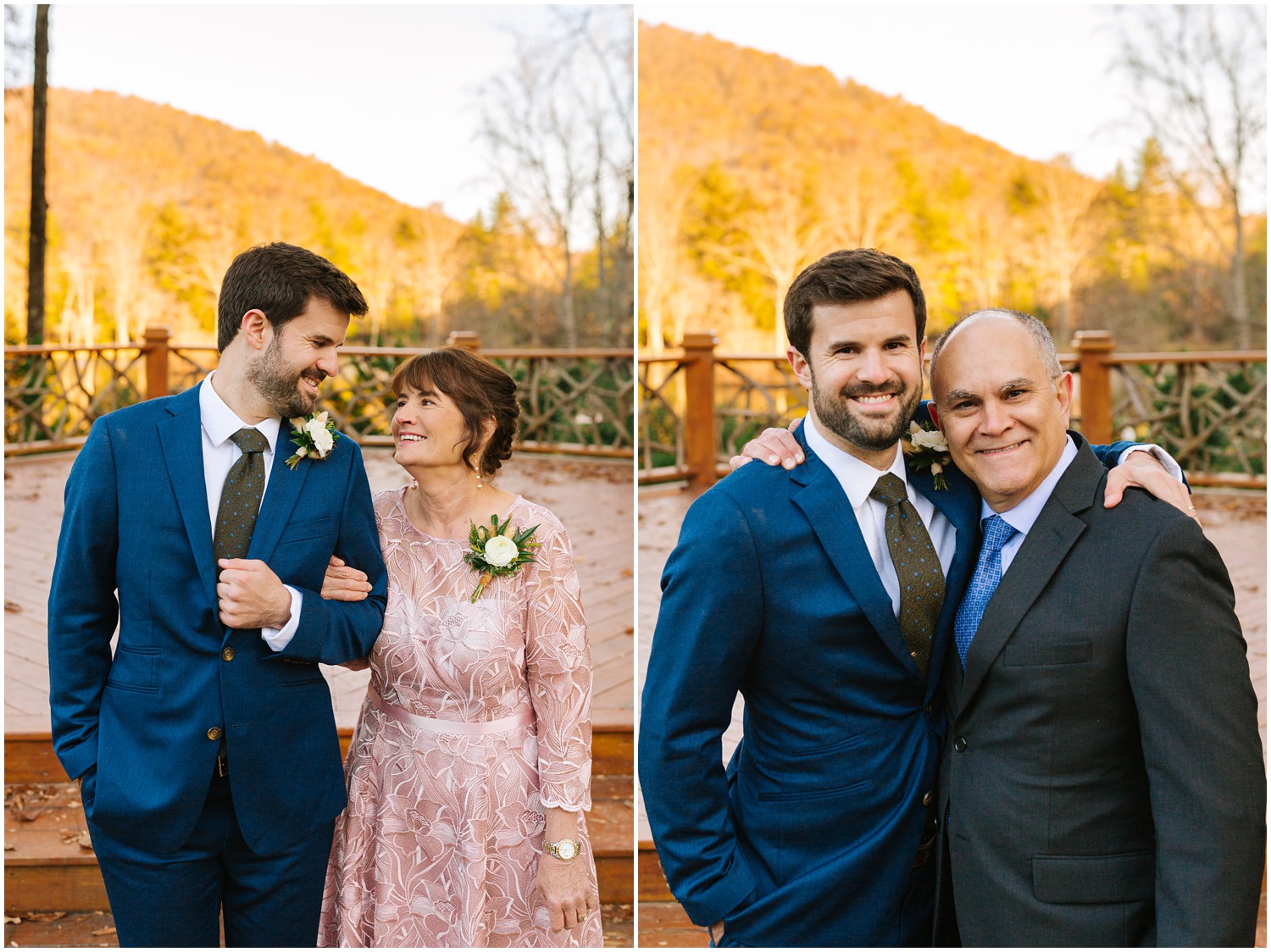 groom poses with parents during North Carolina wedding