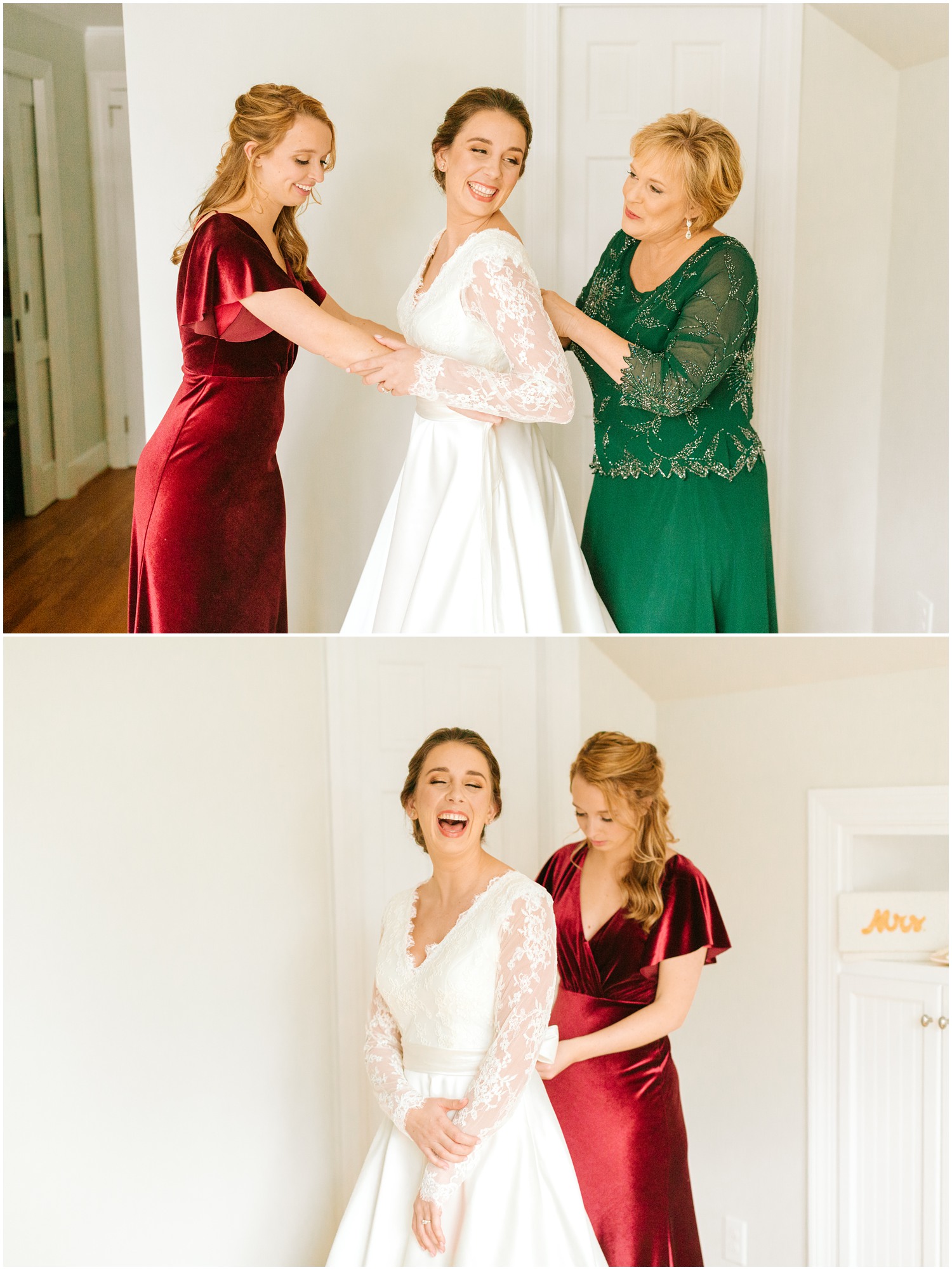 sister and mother get bride into wedding dress for Greensboro NC with Chelsea Renay Photography