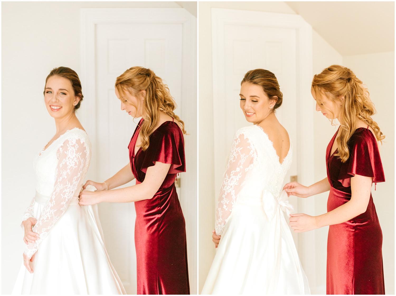 bridesmaid adjusts bow on bride's gown for NC wedding day with Chelsea Renay Photography