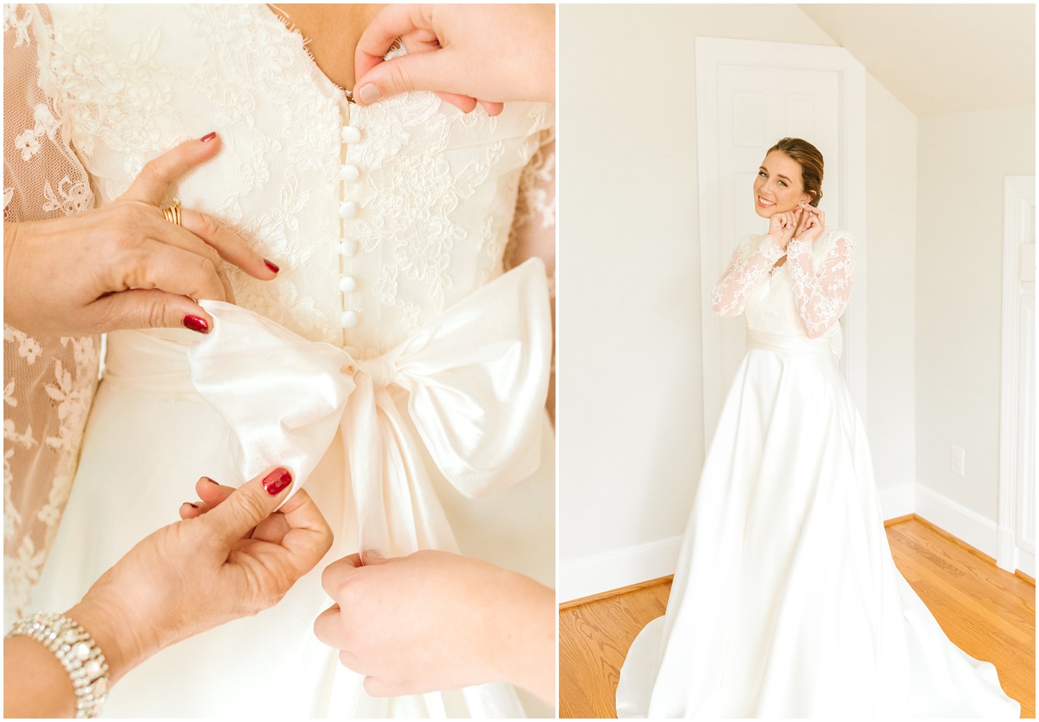 bride's mother and sister adjust bride's gown for last time 