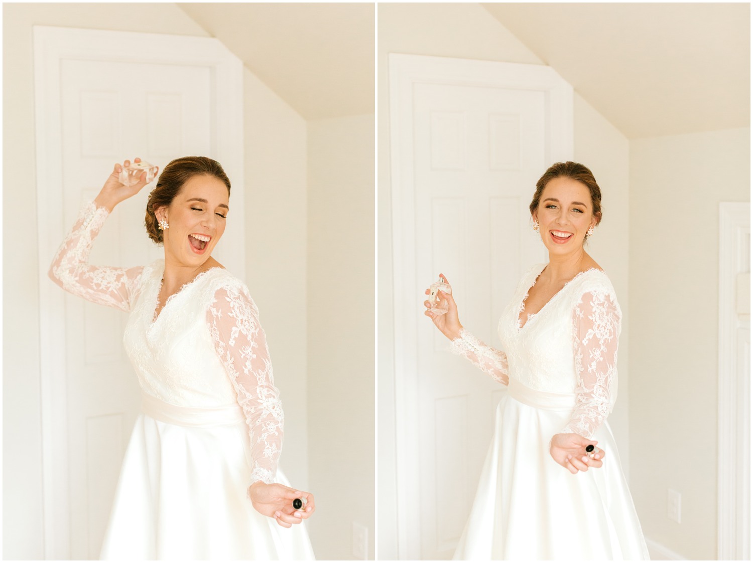 bride playfully sprays perfume before NC wedding day with Chelsea Renay Photography