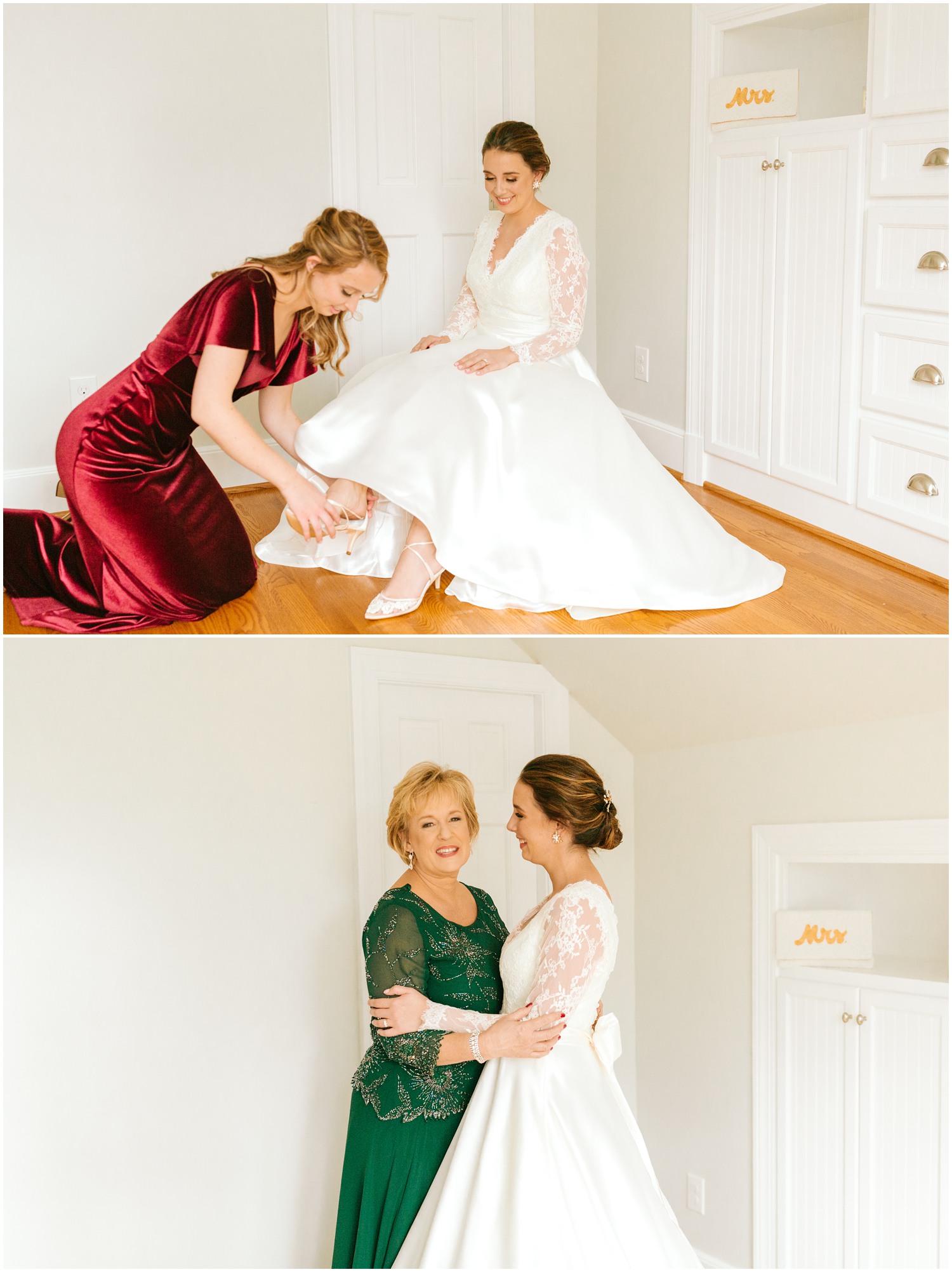 bridesmaid and mother help bride with shoes on wedding day in NC