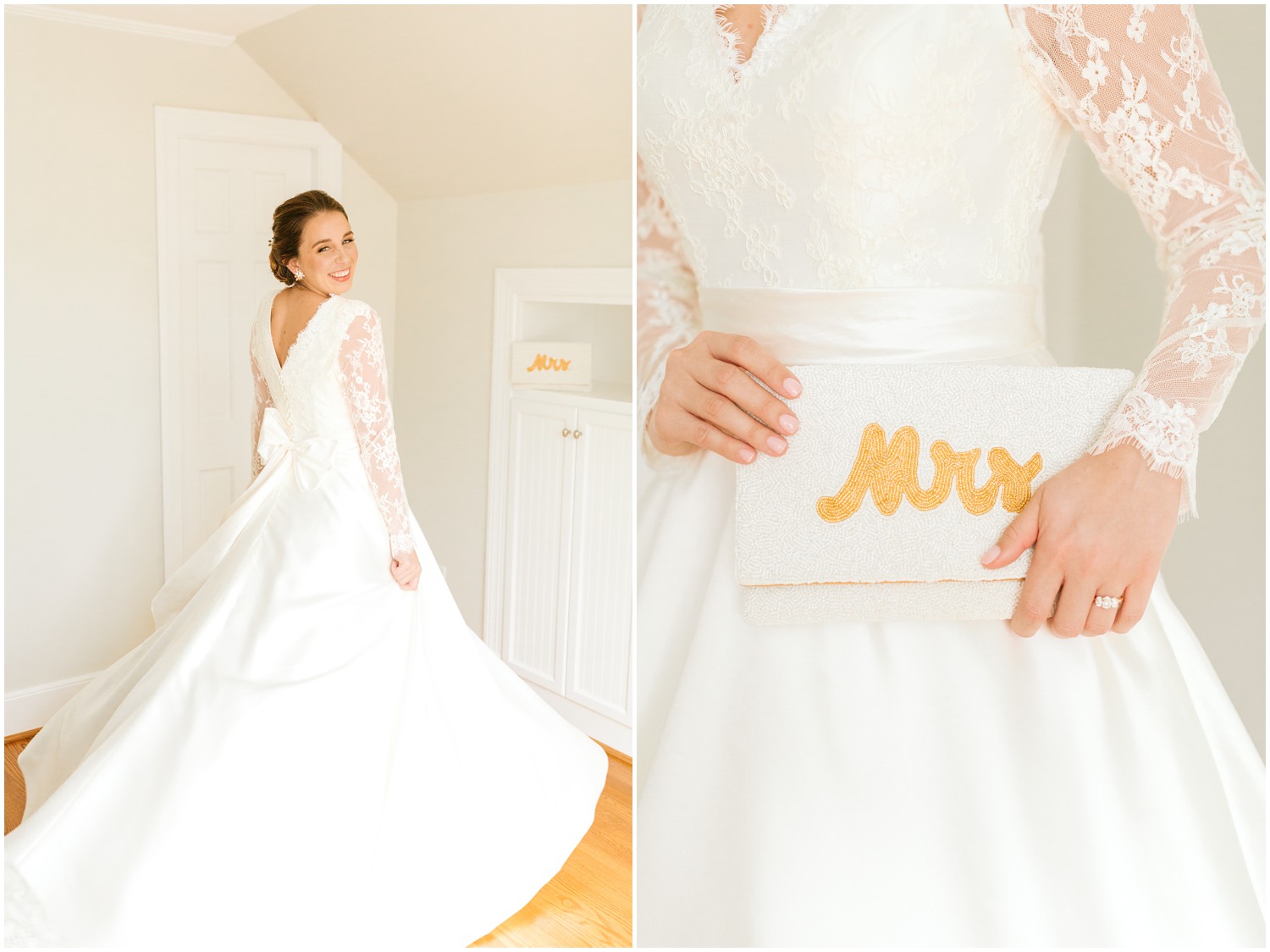 bride shows off wedding gown and ivory clutch with gold MRS