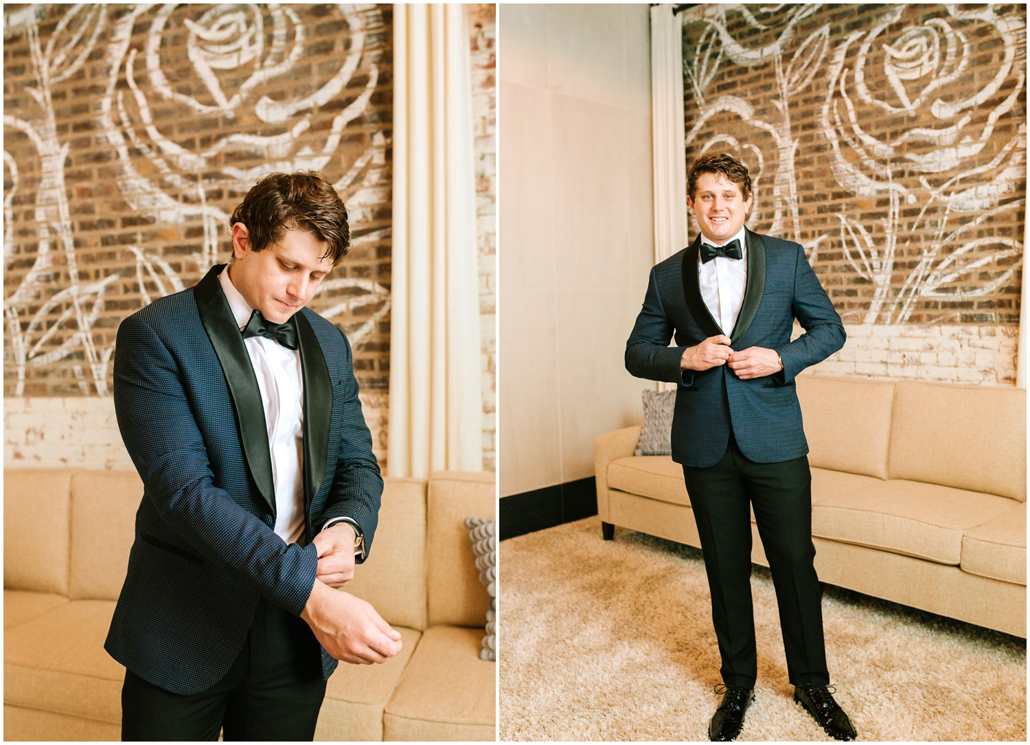 groom prepares for Cadillac Service Garage wedding photographed by Chelsea Renay Photography