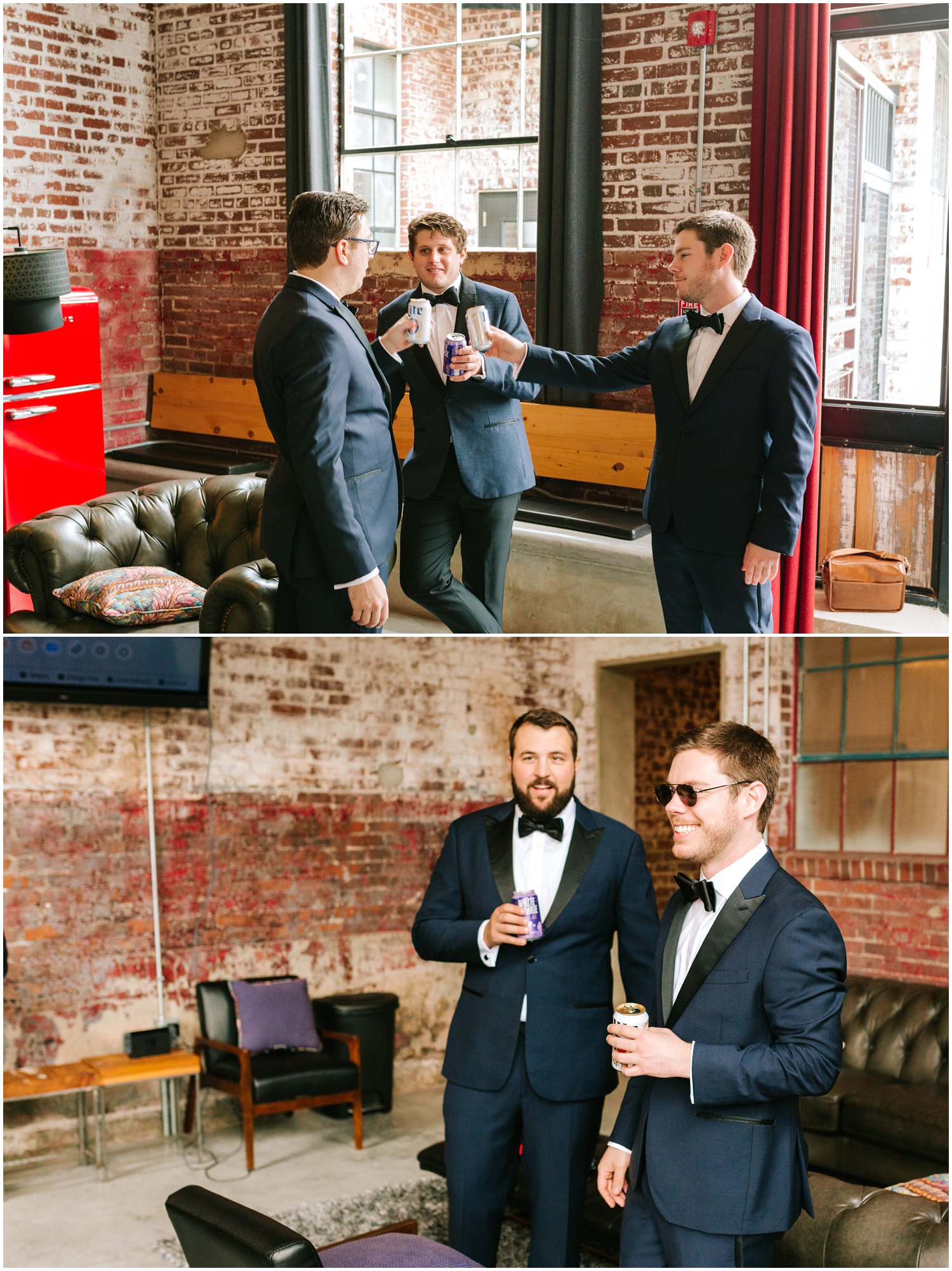 groom and groomsmen toast with beers before wedding day photographed by Chelsea Renay Photography