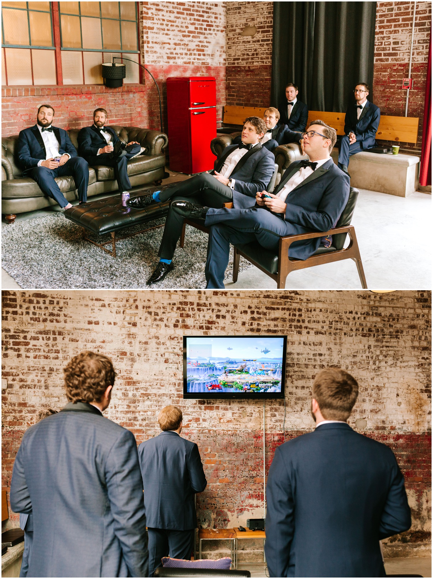 groom and groomsmen watch TV before wedding day at the Cadillac Service Garage