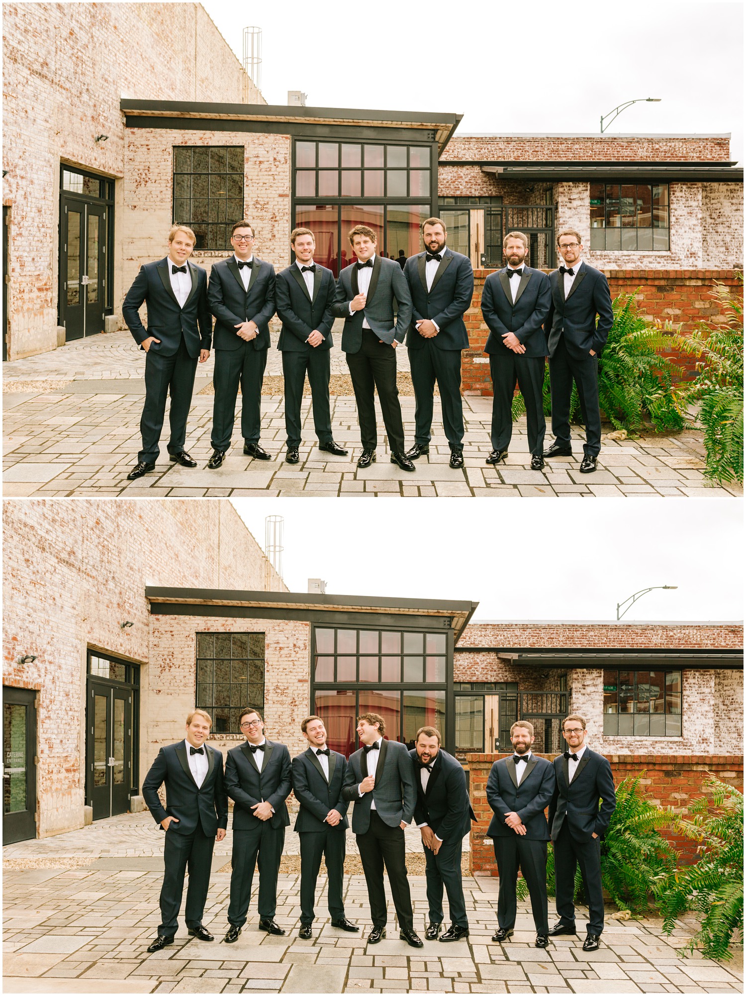 groomsmen pose with groom outside the Cadillac Service Garage photographed by Chelsea Renay Photography