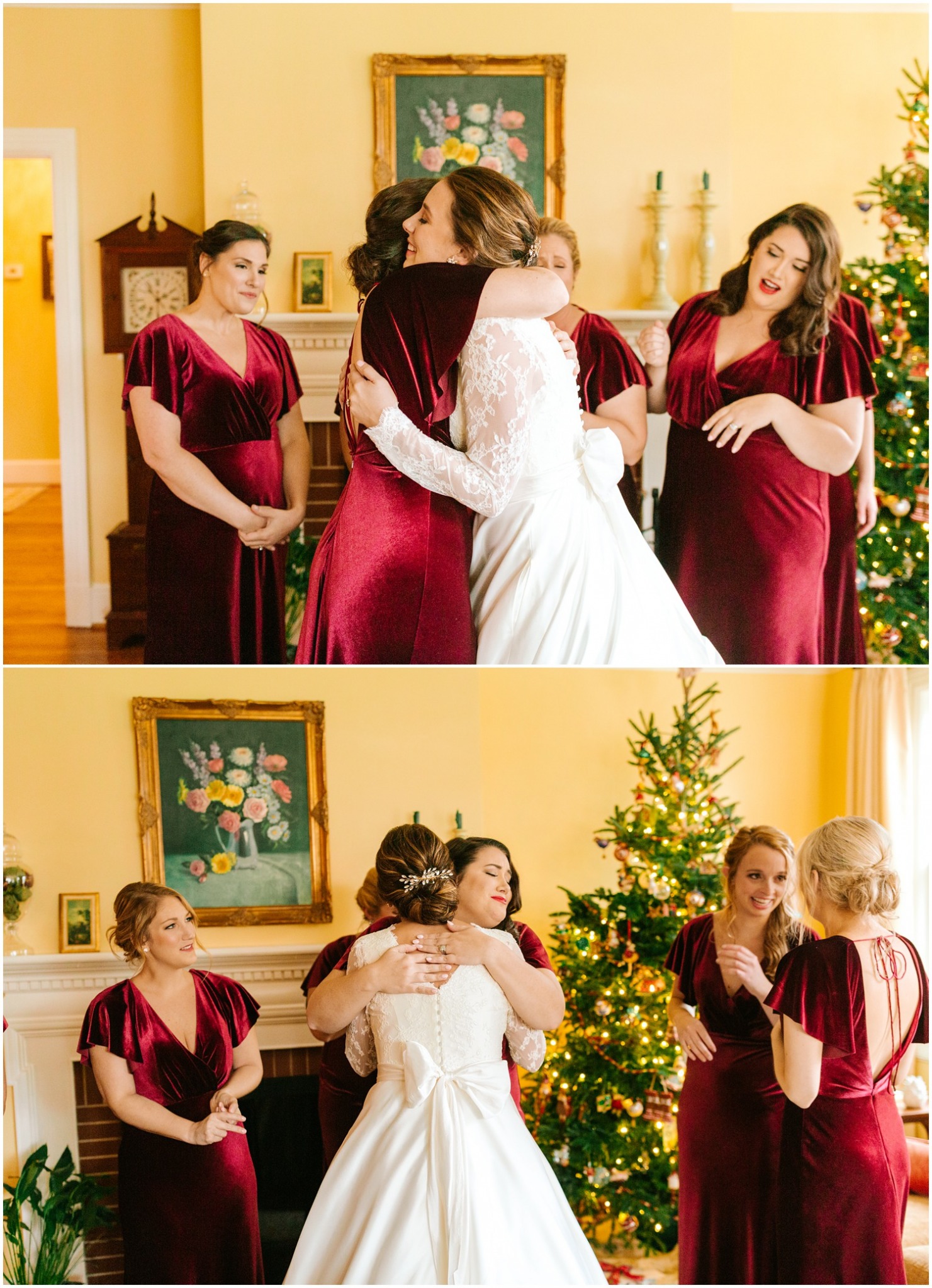 bridesmaids in red velvet gown hug bride photographed by Chelsea Renay Photography