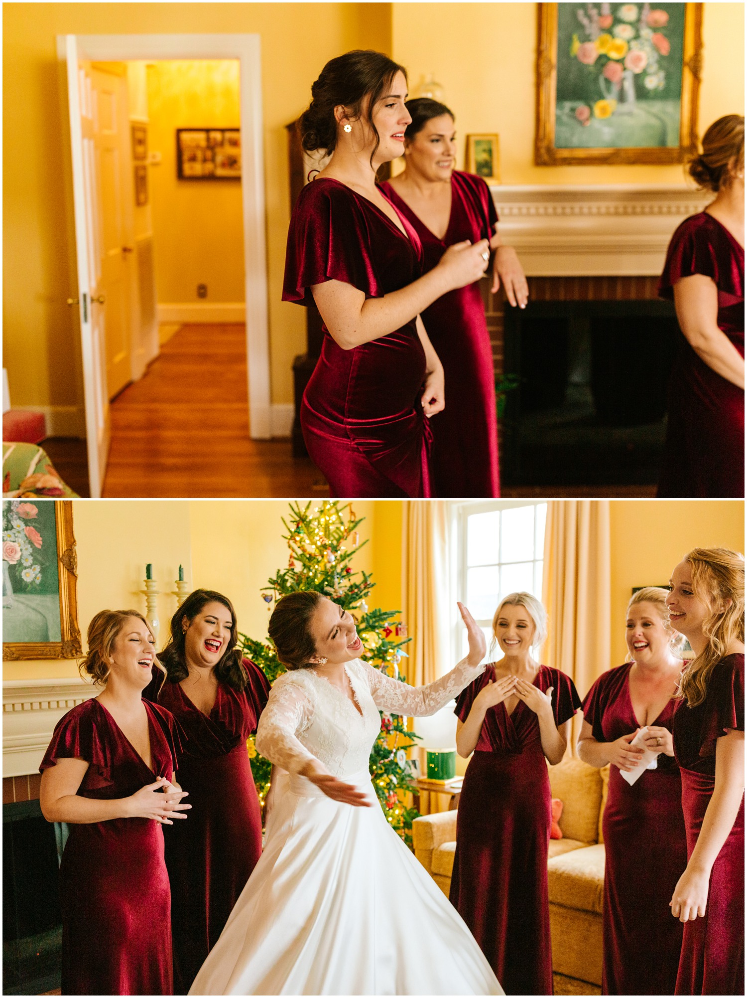 bridesmaids cry after seeing bride in wedding dress and dance with her photographed by Chelsea Renay Photography