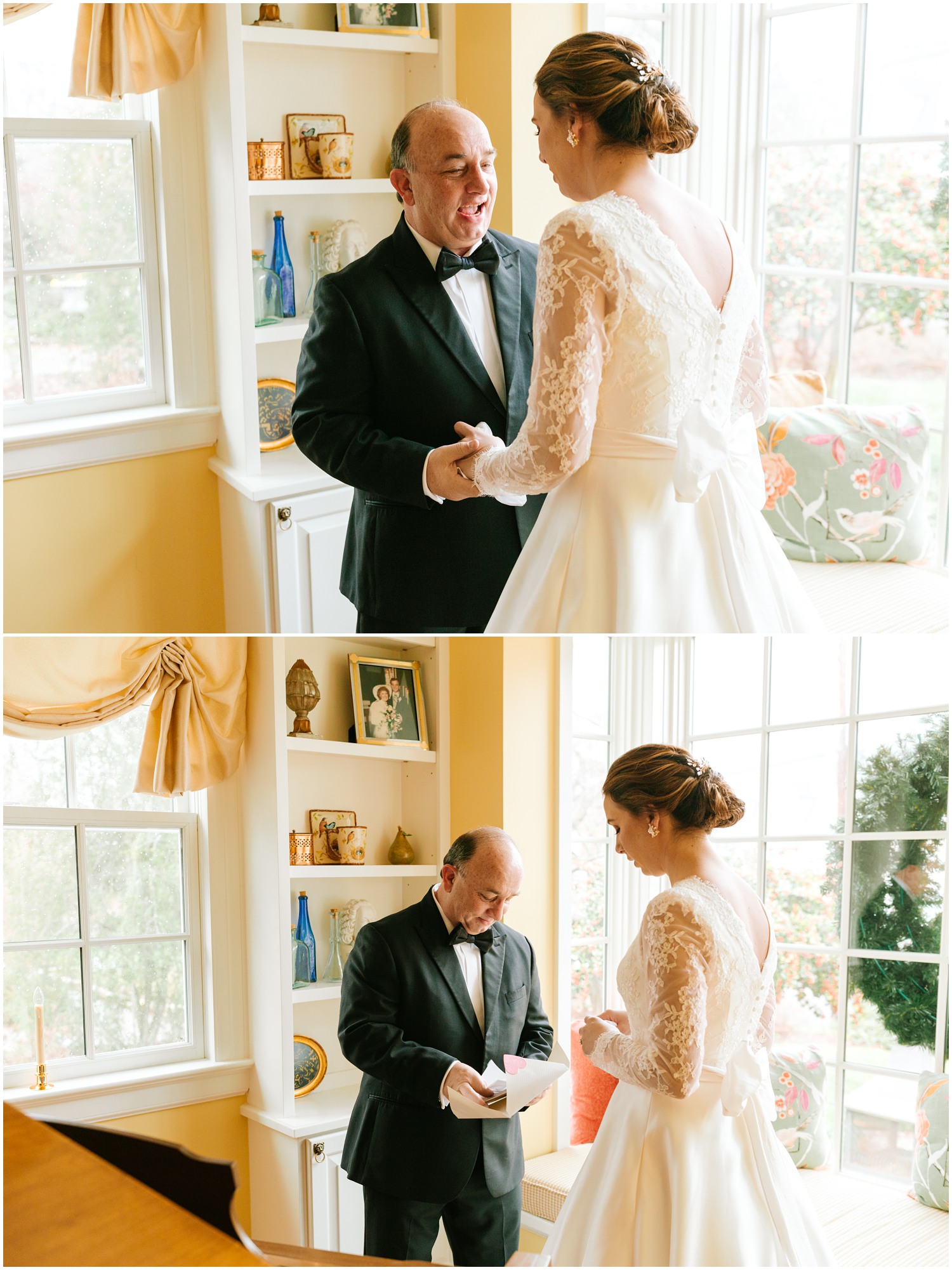 bride gives dad a gift during first look photographed by Chelsea Renay Photography