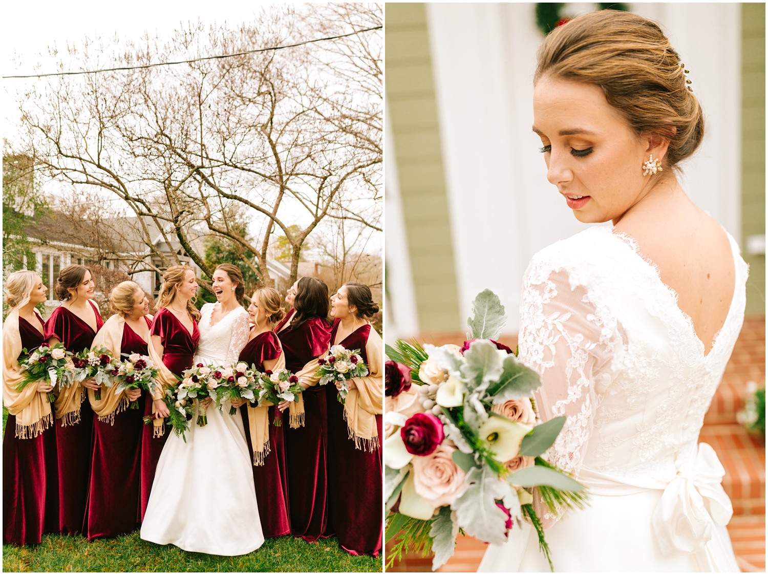 bridesmaids in red velvet gowns laugh with bride paired with bridal portrait