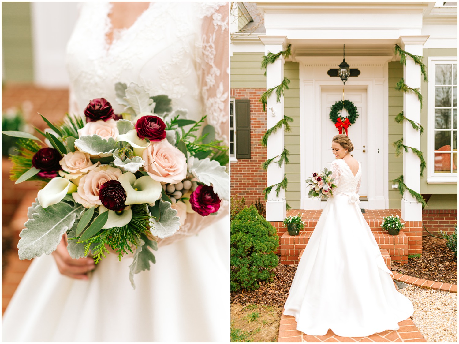 Chelsea Renay Photography photographs bride outside childhood home with Christmas decorations and bridal bouquet