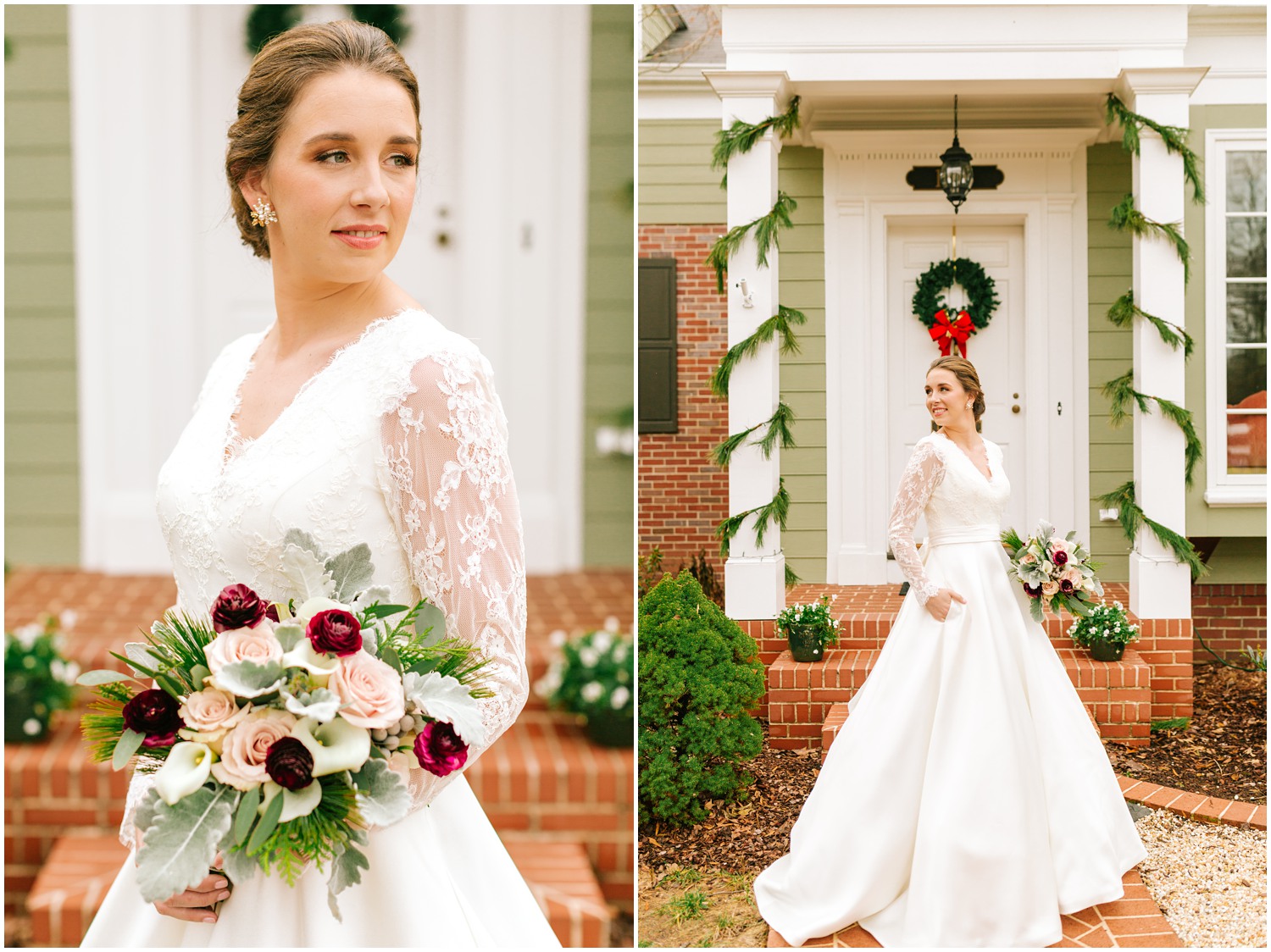 bridal portrait of bride in gown with lace sleeves and red, pink, and white bouquet 