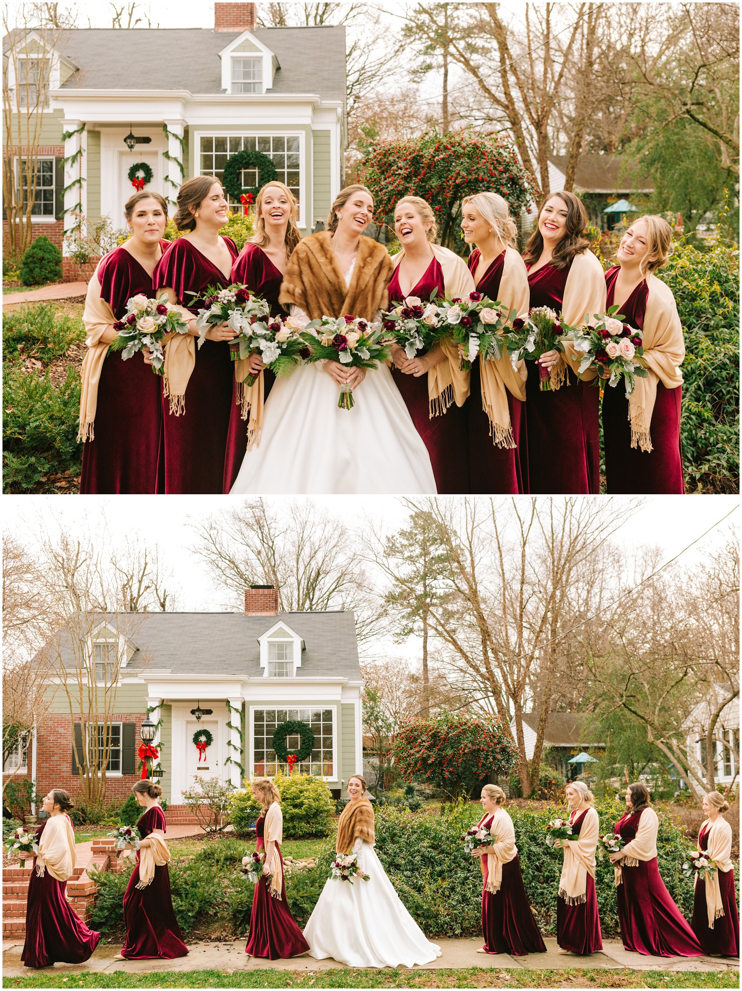 bride and bridesmaids in red gowns walk along sidewalk