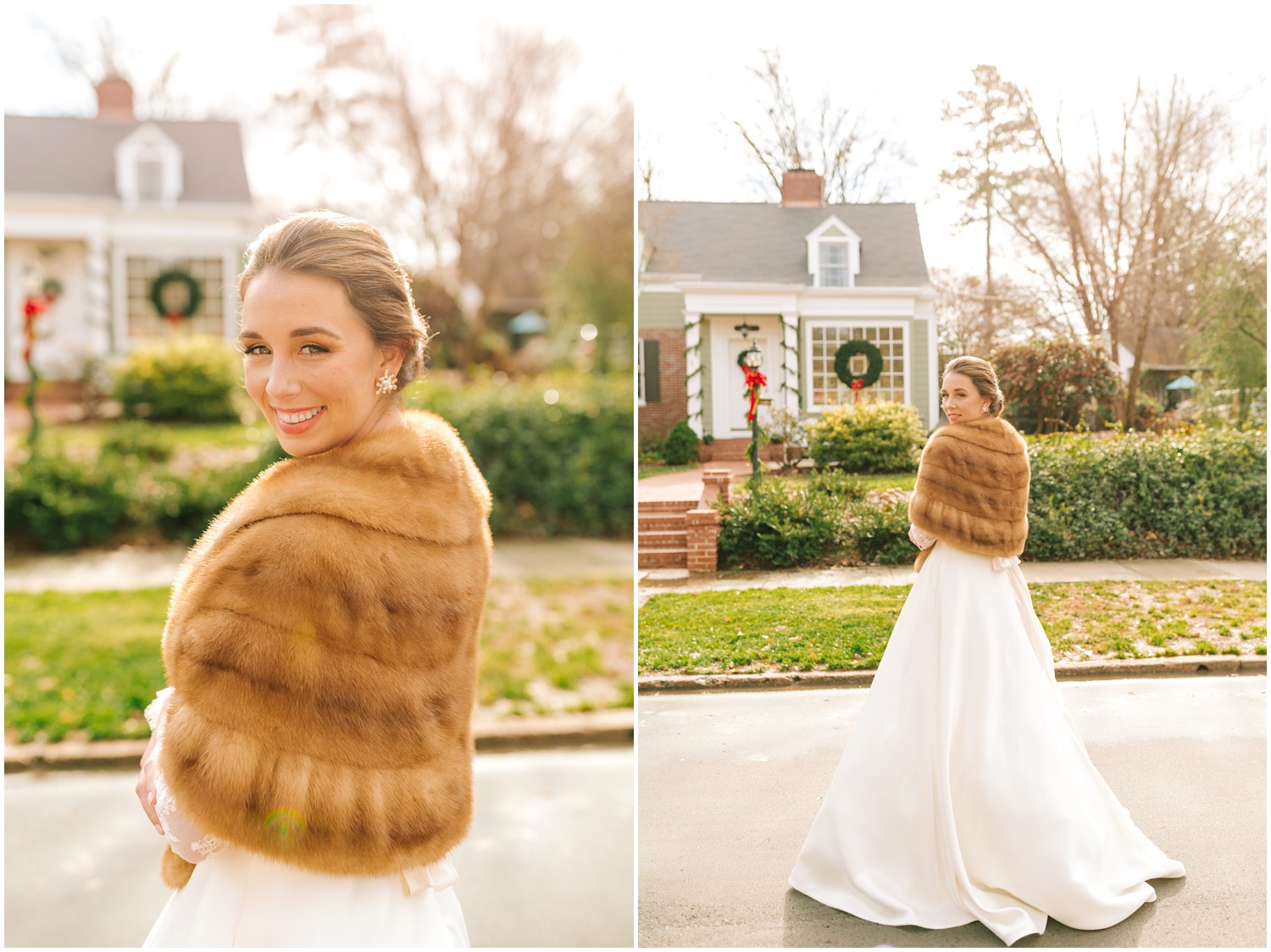 winter bridal portraits of bride to be outside childhood home by Chelsea Renay Photography