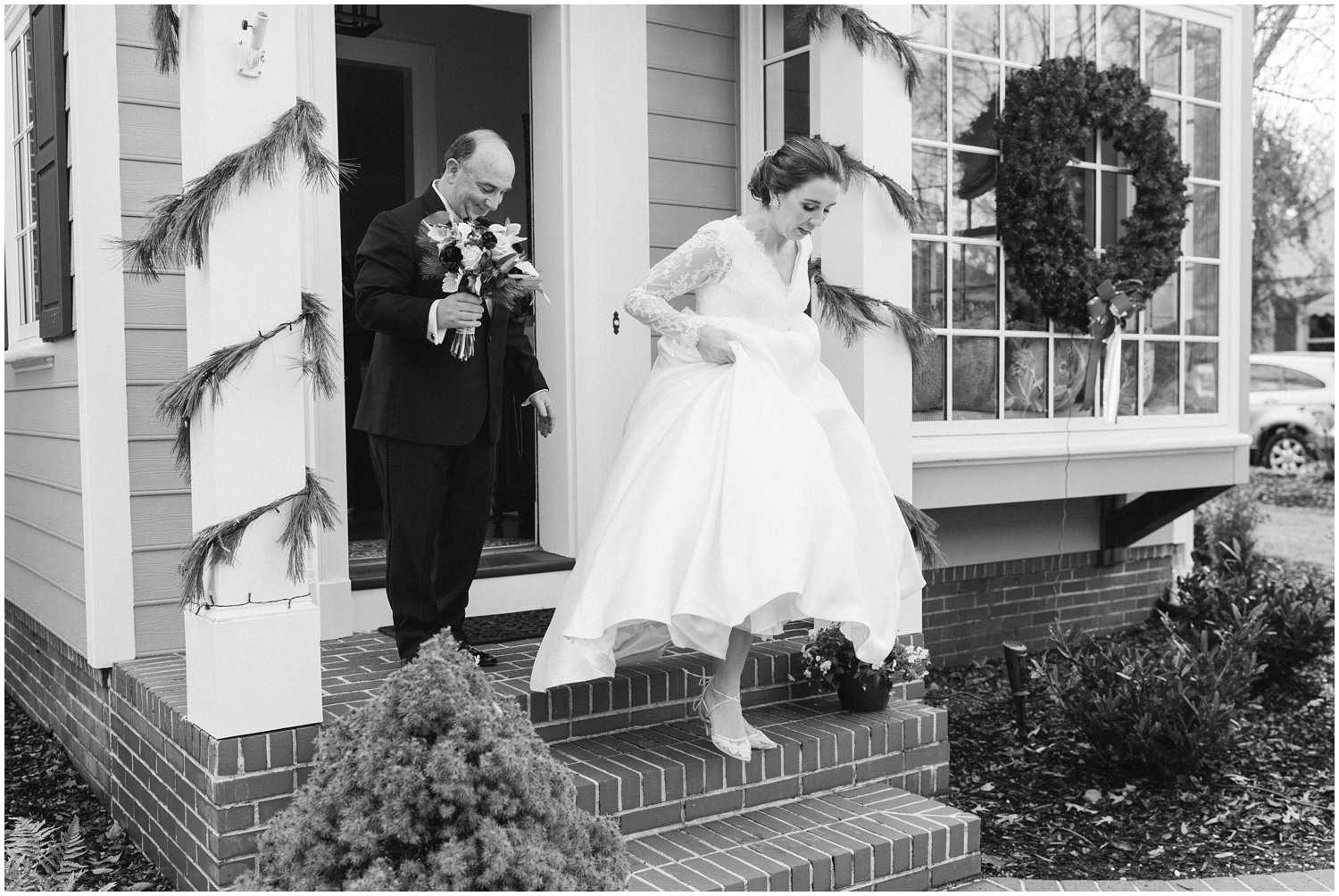 father helps bride to be leave house for wedding ceremony photographed by Chelsea Renay Photography